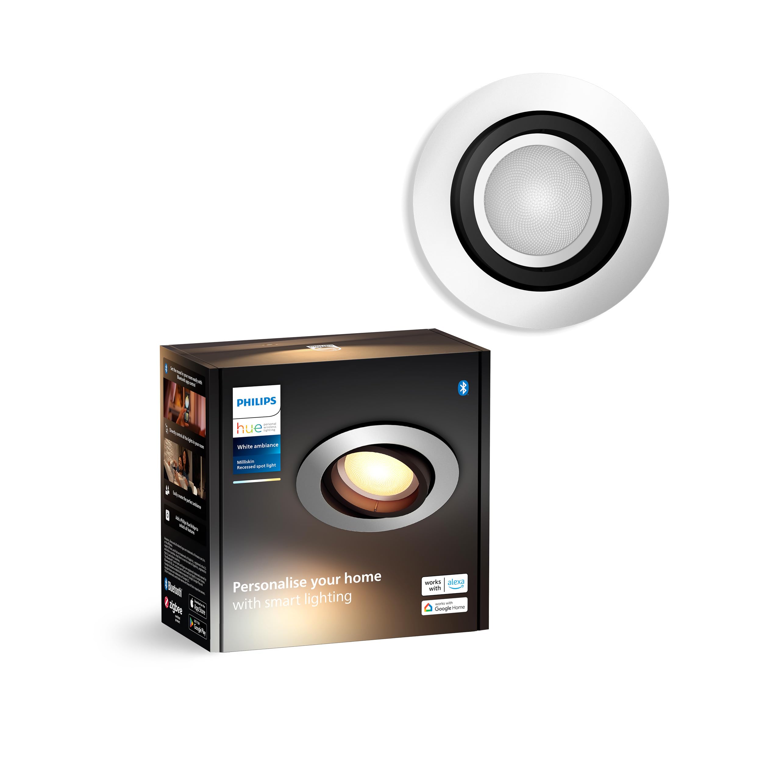 Philips Hue Milliskin White Ambiance Einbauspot, Aluminium, (400lm / 70mm), 1er Pack, warm- bis kaltweißes Licht, steuerbar via App, kompatibel mit Amazon Alexa (Echo, Echo Dot), neue Generation