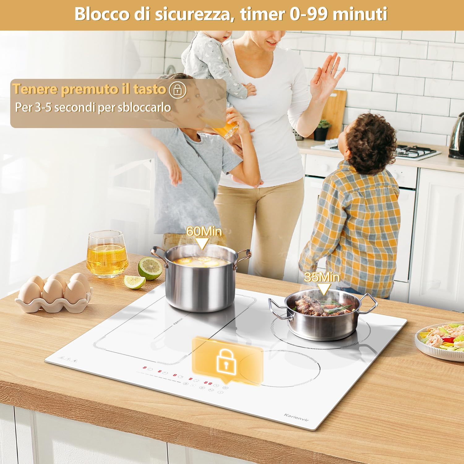 Karienvir Piano Cottura Induzione 4 Fuochi Bianco con Spina, Piano cottura a induzione 60 cm con Flex Zona, Blocco di sicurezza, Pausa, Booster, Timer di 99 minuti, 3500 W