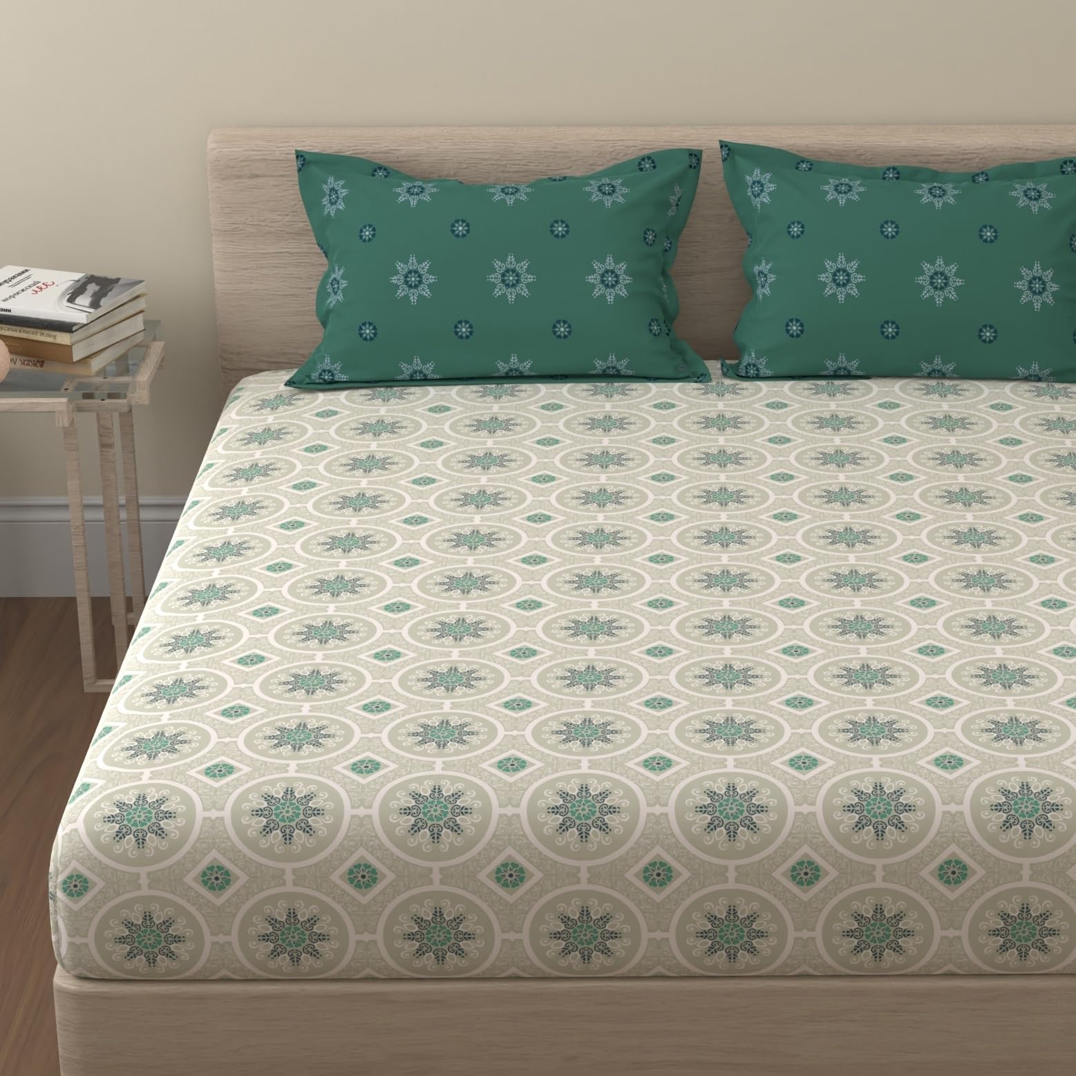 Huesland by Ahmedabad Cotton 144 TC Bedsheets for Queen Size Bed with 2 Pillow Covers | Mandala | Dark Green & Light Green-image-39