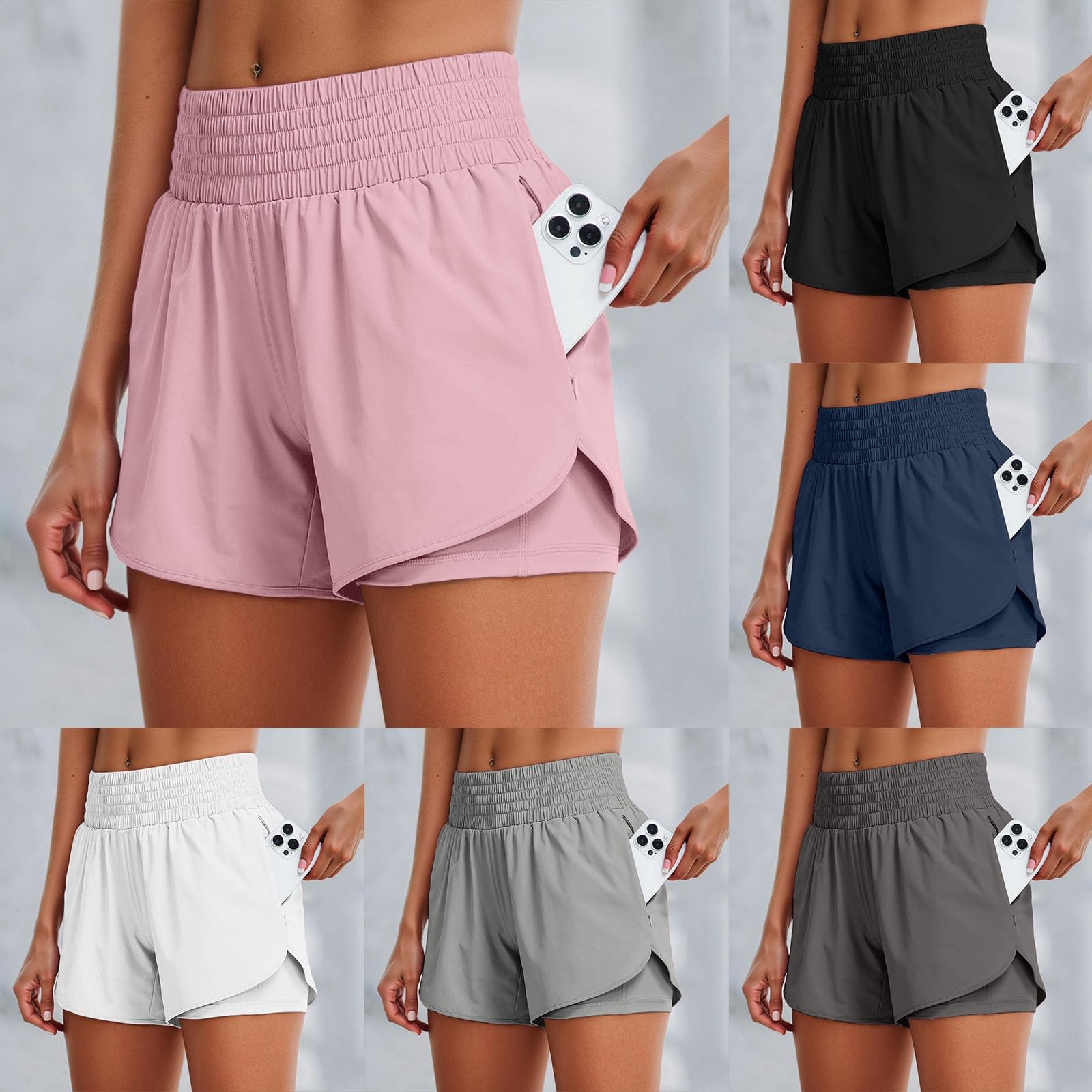 Kurze Hose Damen, 2 In 1 Laufshorts Running Shorts Beiläufige Elastisch Kurze Hosen Mit Taschen Workout Sportrock Elastischer Bund Mit Innenfutter Hose Fitness Yoga Jogging Training Sporthose