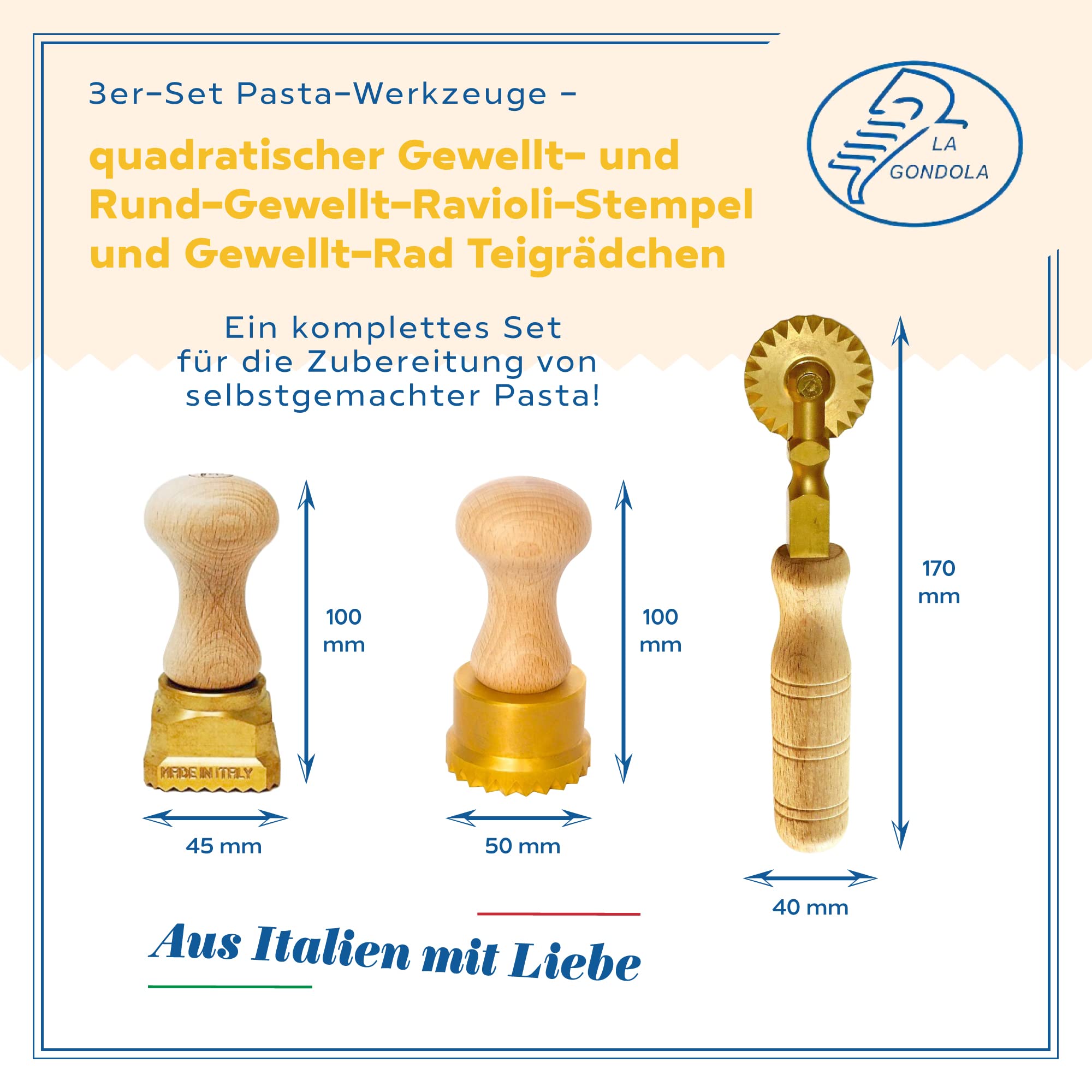La Gondola 3er Set Pasta-Werkzeuge - Quadratische Gewellte 45x55mm & Runde Gewellte 50mm Ravioli Stempel & Teigrädchen Gewelltes Rad | Messing & Naturholz | Teigschneider Made in Italy