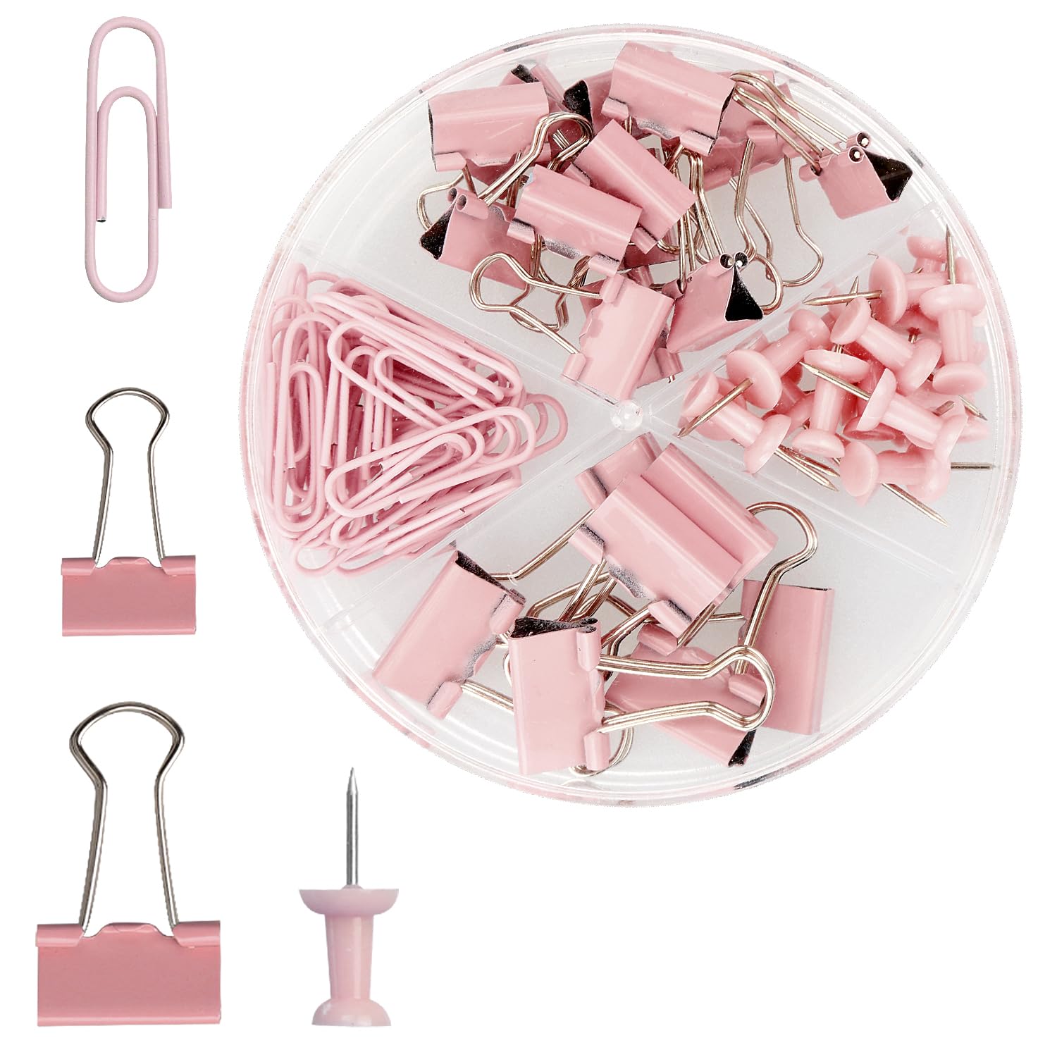 Rumyve 72PCS Binder Clips and Push Pins Set - Office Supplies Kit with Storage Box, Ideal for Home School, and Office Use(Pink)