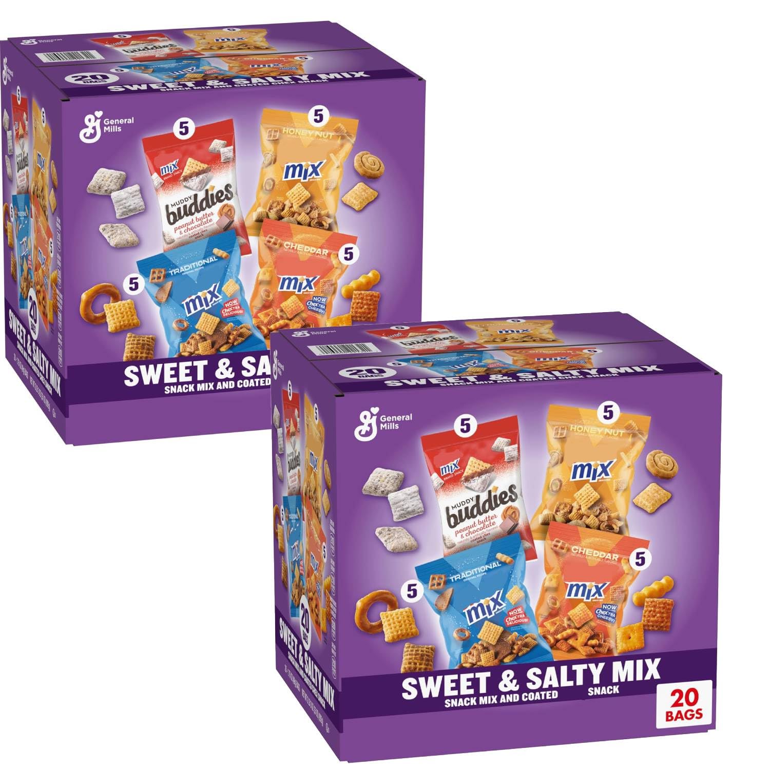 Sweet and Salty Snack Variety Pack (Pack of 2), Muddy Buddies Peanut Butter and Chocolate, Cheddar, and Honey Nut, 40 Ct, 75 oz
