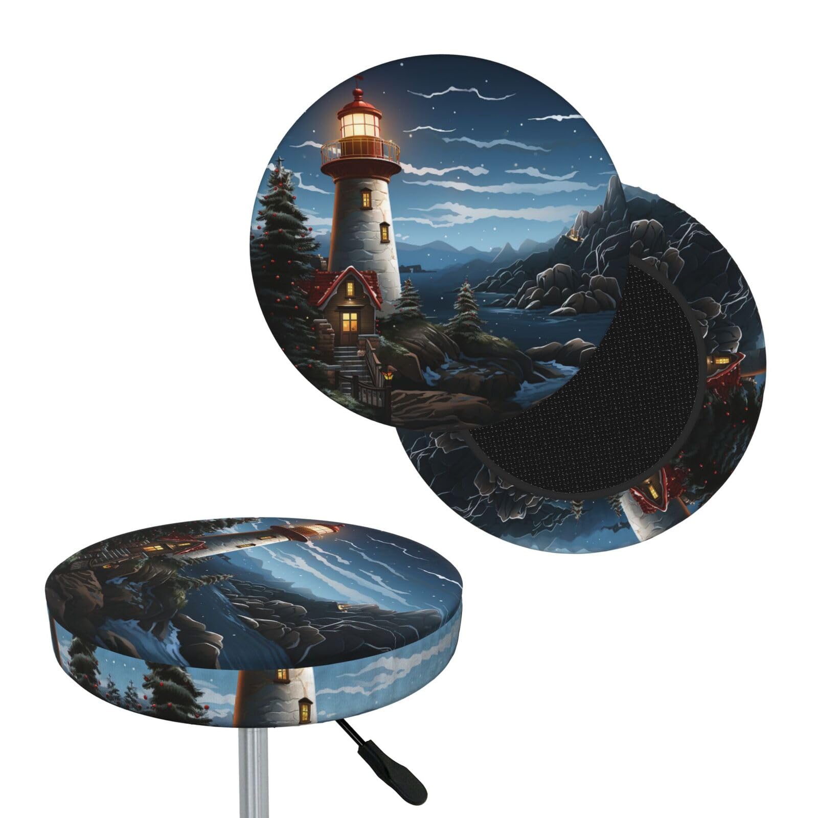 FodPand Santa Claus Lighthouse Bar Stool Cover Round Elastic Stool Cushion Covers Washable Bar Stool Chair Slipcover Stretch Stool Seat Covers for 12-14 Inch Chair