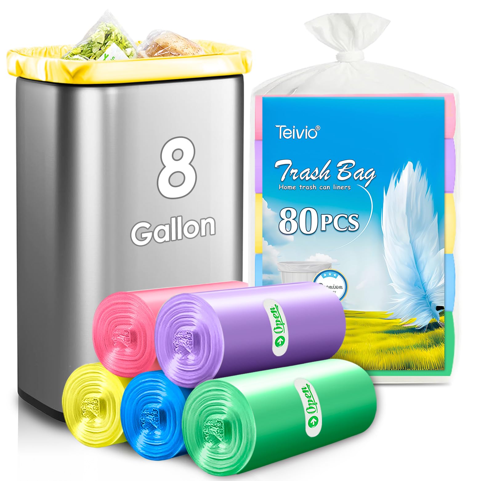 Teivio Medium Colorful Trash Bags 8 Gallon 80 Count Kitchen Garbage Bags