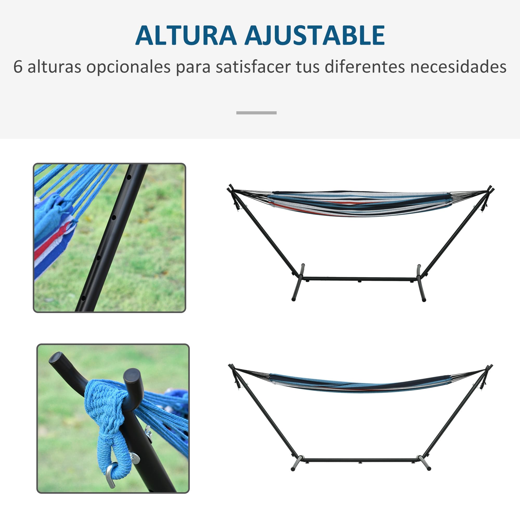 Outsunny Hamaca con Soporte 310x117 cm Hamaca de Camping con Bolsa de Transporte Portátil Altura Ajustable Carga 120 kg para Patio Terraza Rayas Azul y Blanco