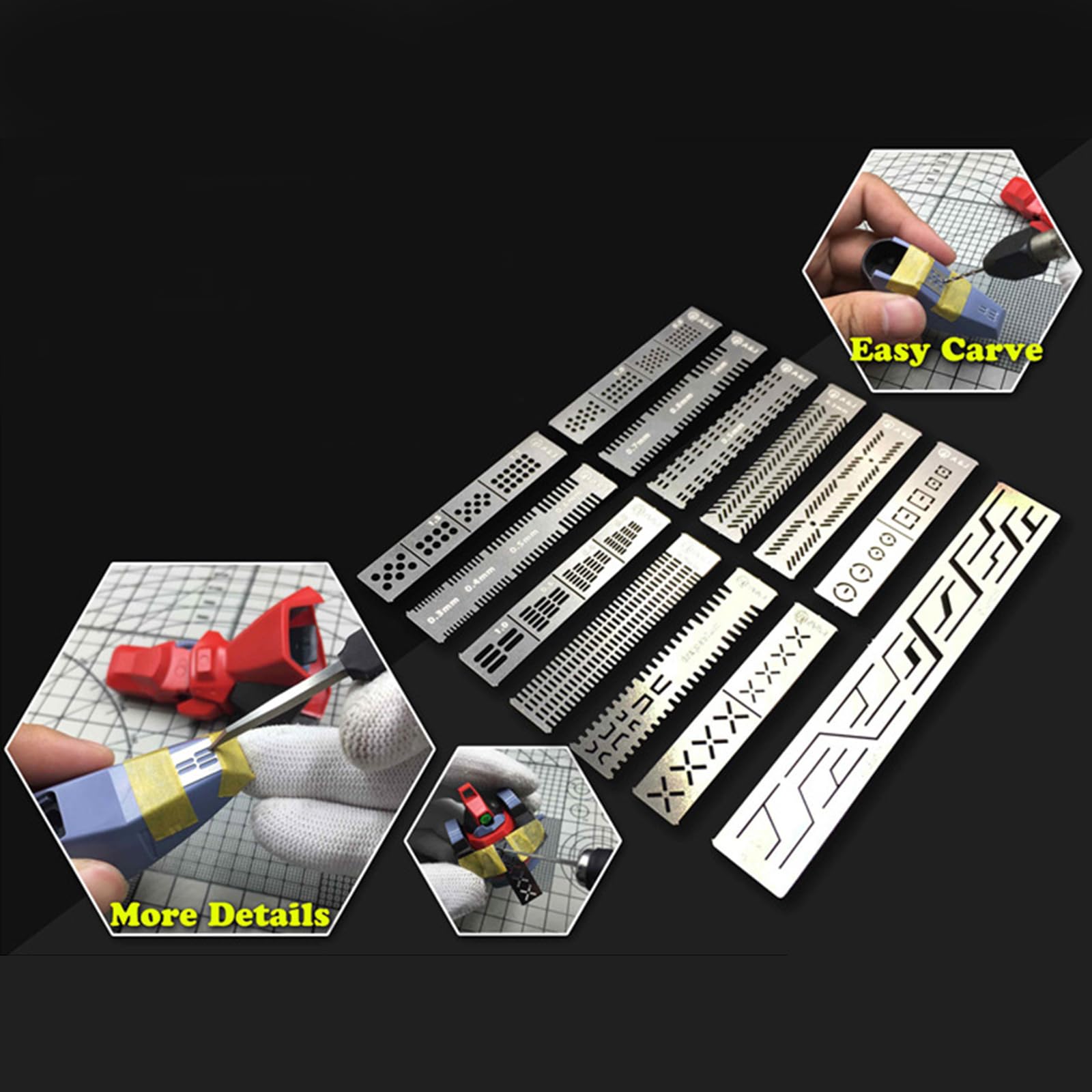 12 in 1 Carving Ruler Carving Ruler Drill Hole Detailers Scribes Line Stencil for Model Crafting Tool, Silver - Image 3