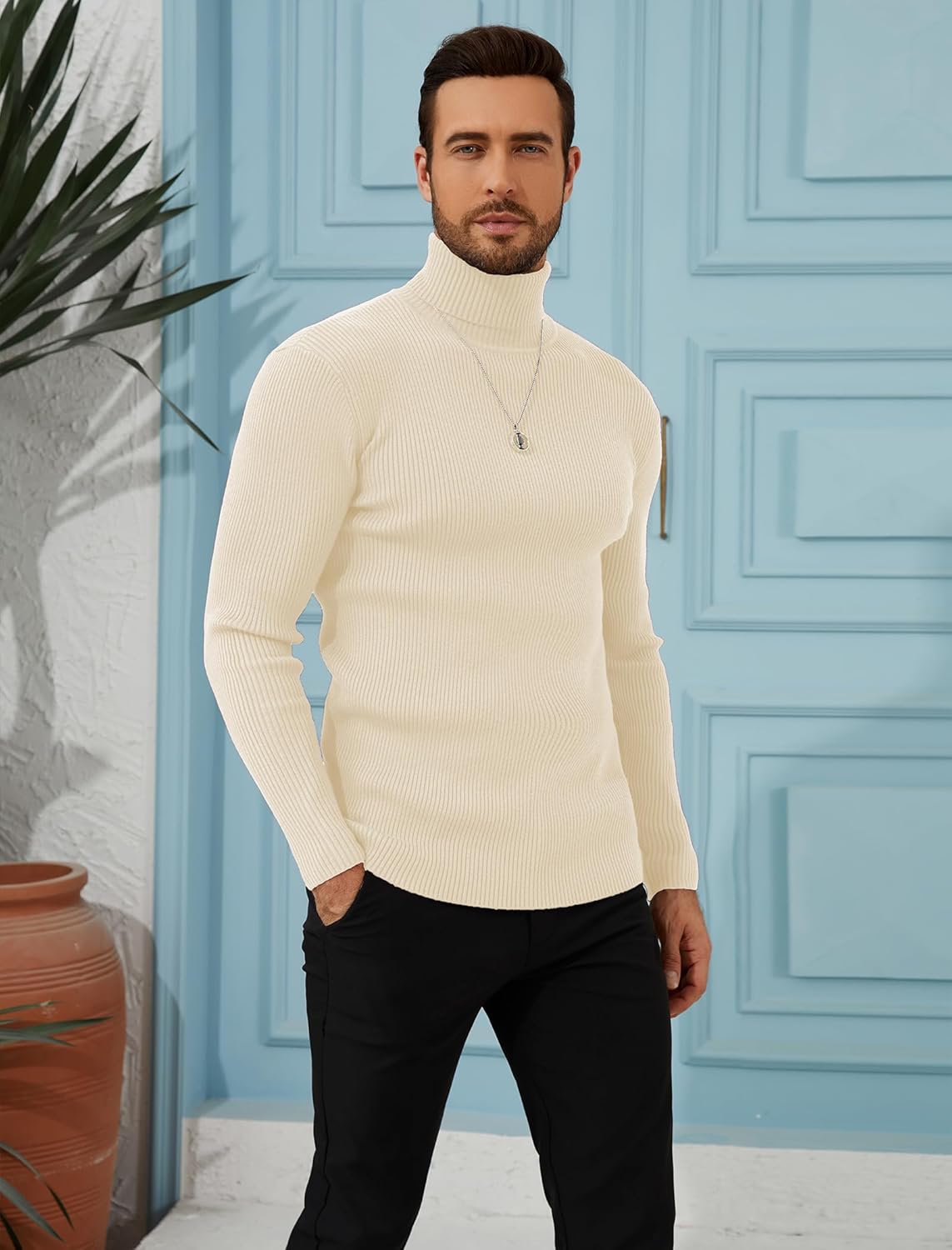 Men's Slim Fit Turtleneck Sweater Casual Cable Ribbed Pullover Knitted Sweaters - Image 3