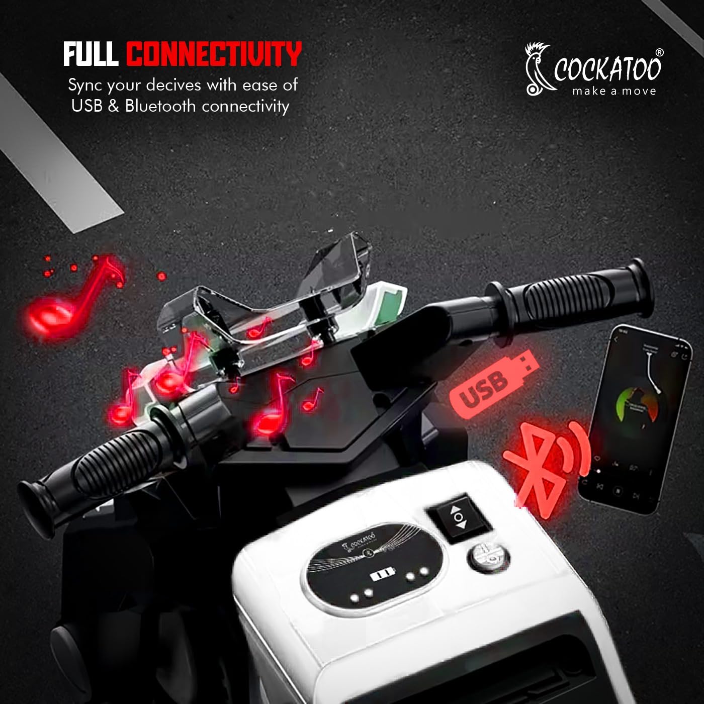 Cockatoo 1E-Cruise Rechargeable Electric Kids Bike, Kids Scooter Bike for 1 to 5 Years Boy Powered by 6V & 4.5 AH Battery for 4.5 Hr to 6Hr Ride, with Bluetooth Music & Other Safety Feature. 2