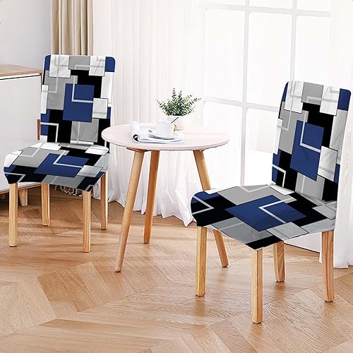 Miniatura 6 de MCALK Juego de 4 fundas geométricas para sillas y camino de mesa, fundas elásticas color azul marino para cocina, protector de silla lavable