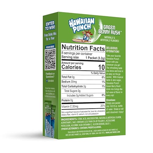 Miniatura 2 de Hawaiian Punch - Mezcla de bebida en polvo, sin azúcar y deliciosa, excelente fuente de vitamina C (Green Berry Rush, 96 palitos)