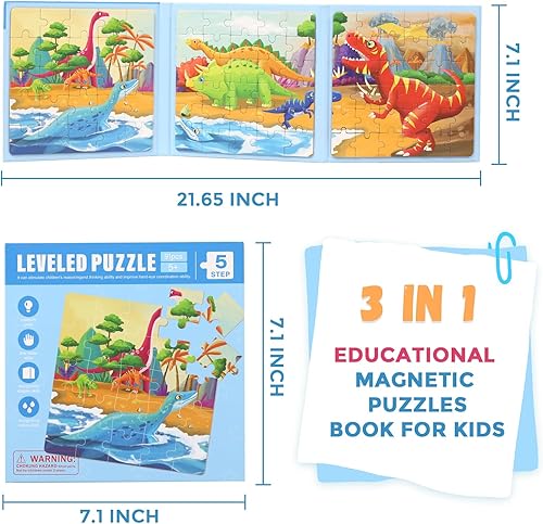 Miniatura 4 de Rompecabezas magnéticos para niños de 4 a 8 años, libro de rompecabezas con imán de dinosaurios 3 en 1, rompecabezas de viaje para niños, juguete de