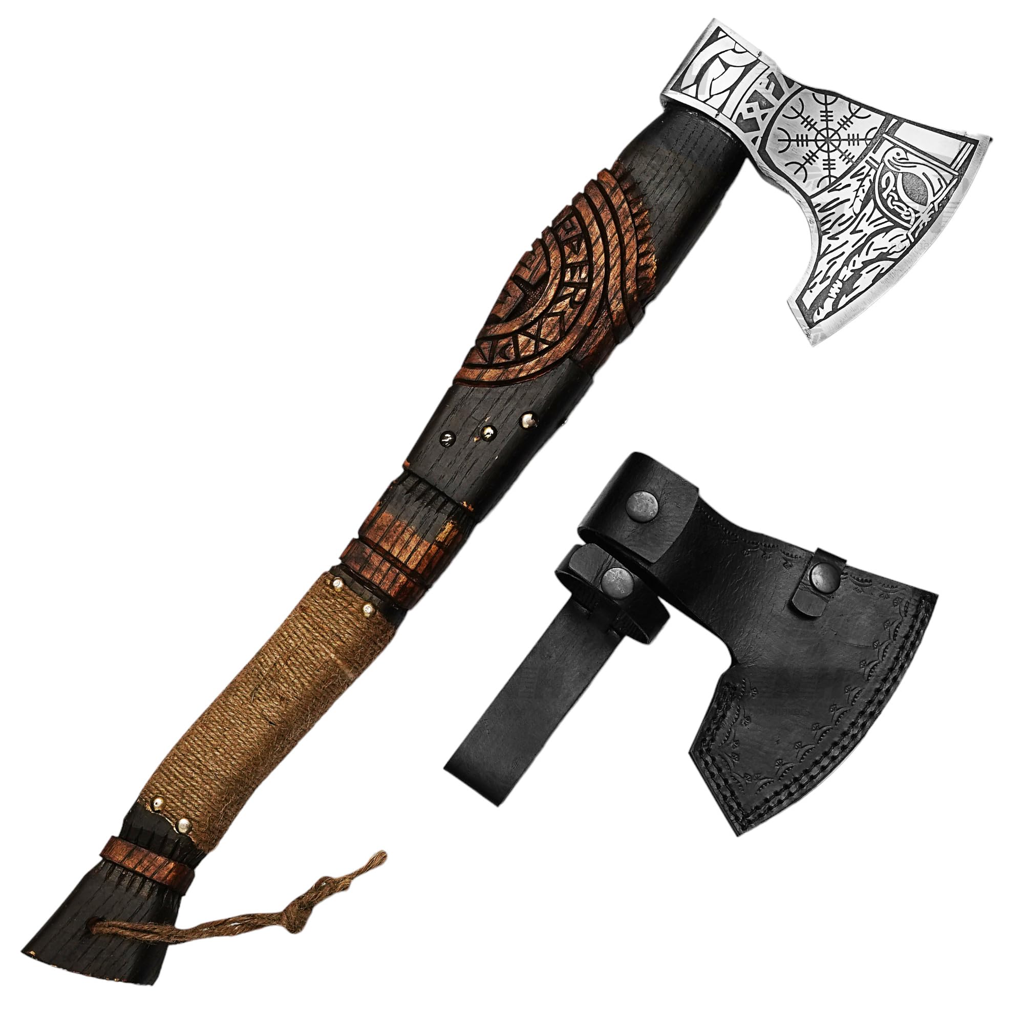 Topór Ragnar z 20-calowym grawerowanym uchwytem z jesionu i trawionym ostrzem z węgla stali - od NovaHaven