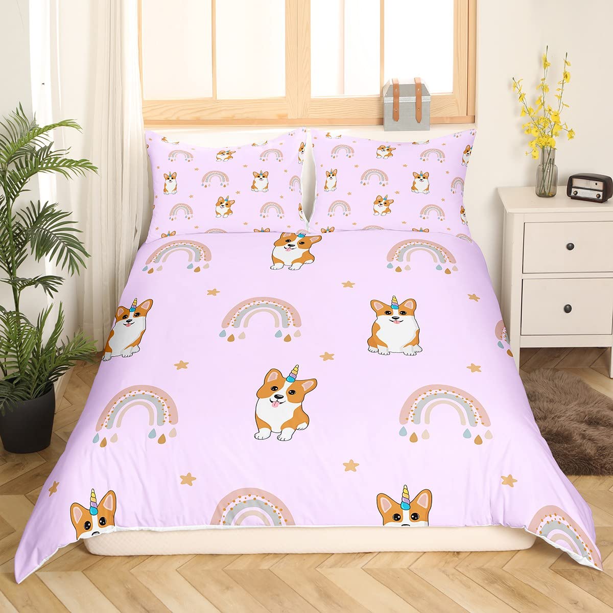 Jednorożec Corgi pokrowiec na pocieszyciel psa, rozmiar L, Kawaii, kreskówka, gwiazdy, tęcza, zestaw pościeli do pokoju domowego, liliowa, śliczne szczeniaki, zwierzęta, poszewka na kołdrę z 2