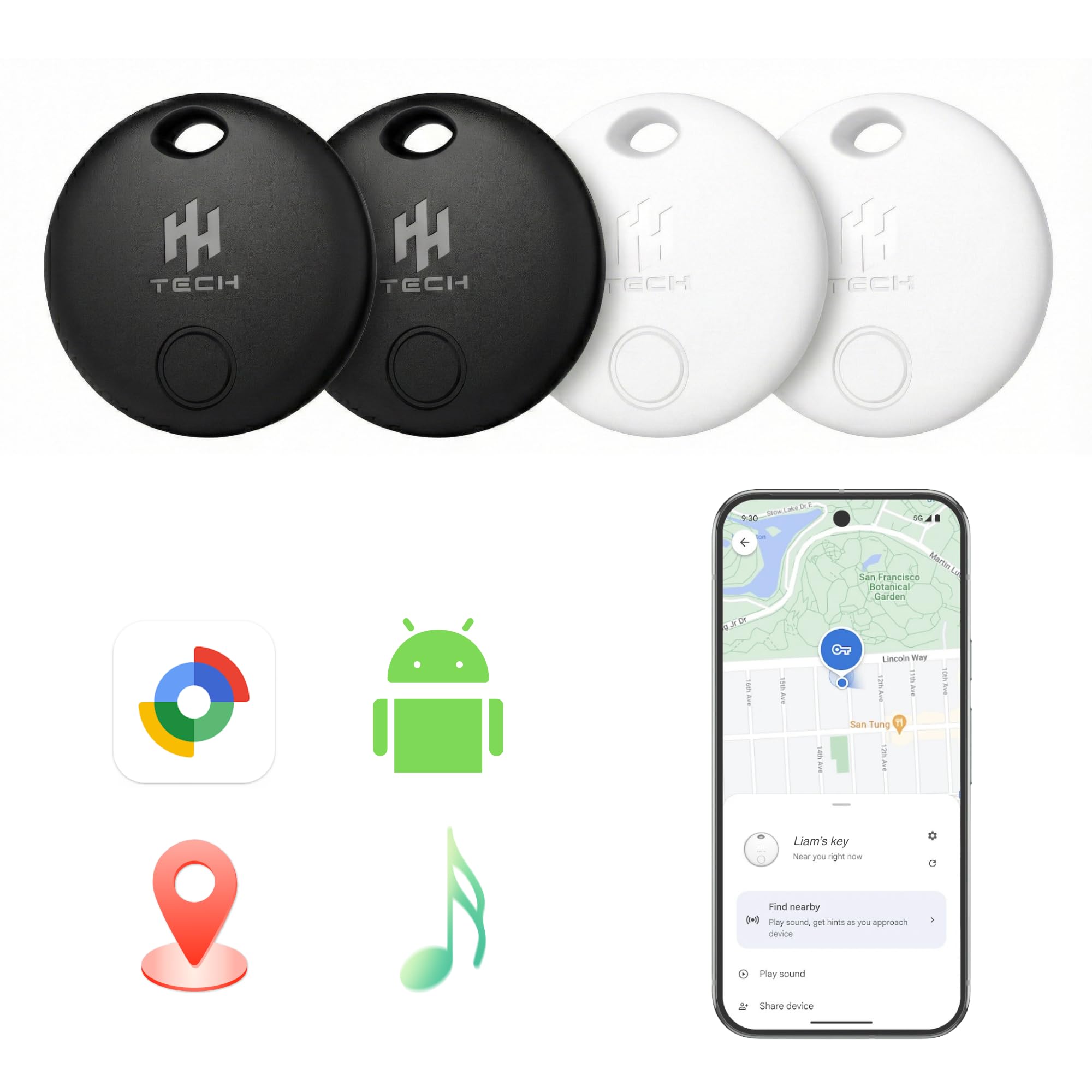 HH-Tech Tag Tracker Android (Pack-4 Black+White Android solo) Funziona con Google Find My, Find Hub, Smart Tag Tracker, Item Finder, Traccia facilmente chiavi, portafoglio, borsa, valigia e altro