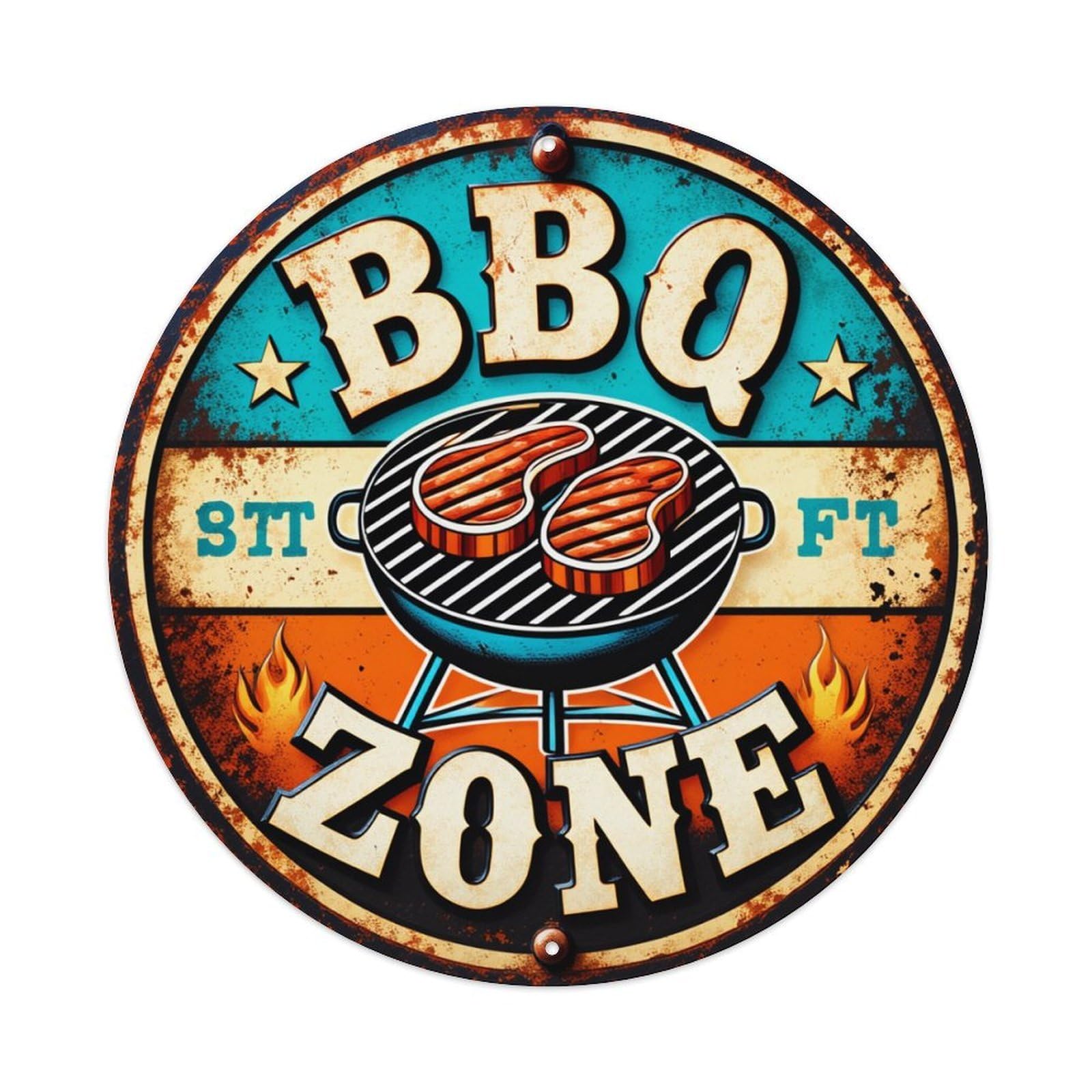 Bbq Grill Flames Stars Zone Round Tin Sign Retro Metal Sign for Cafe Bar Pub Home Game Room Gym Club Wall Decoration Vintage Metal Poster 8x8 Inch