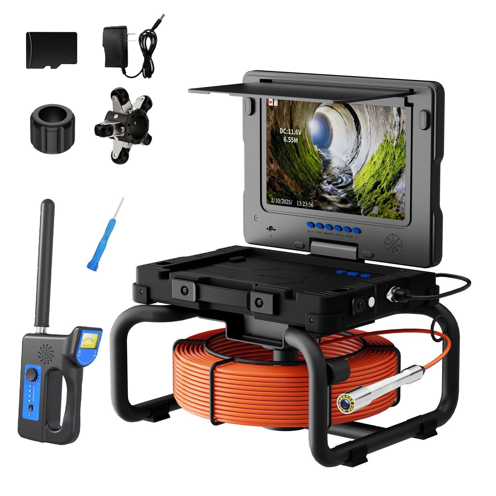 Industrial Endoscope,Borescope,Pipe Inspection Camera,9 Inch AHD Screen,23mm Stainless Probe,Meter Counter,512HZ Transmitter And Receiver,Self Balancing,12 White LED Lamps,Underground(Size:50m(164ft))