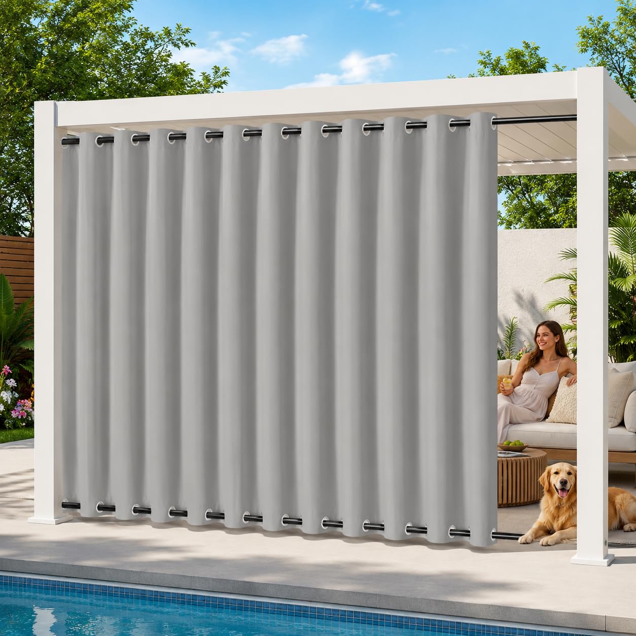 100x96" Waterproof Garden Curtains, Windproof Top & Bottom Patio Panel