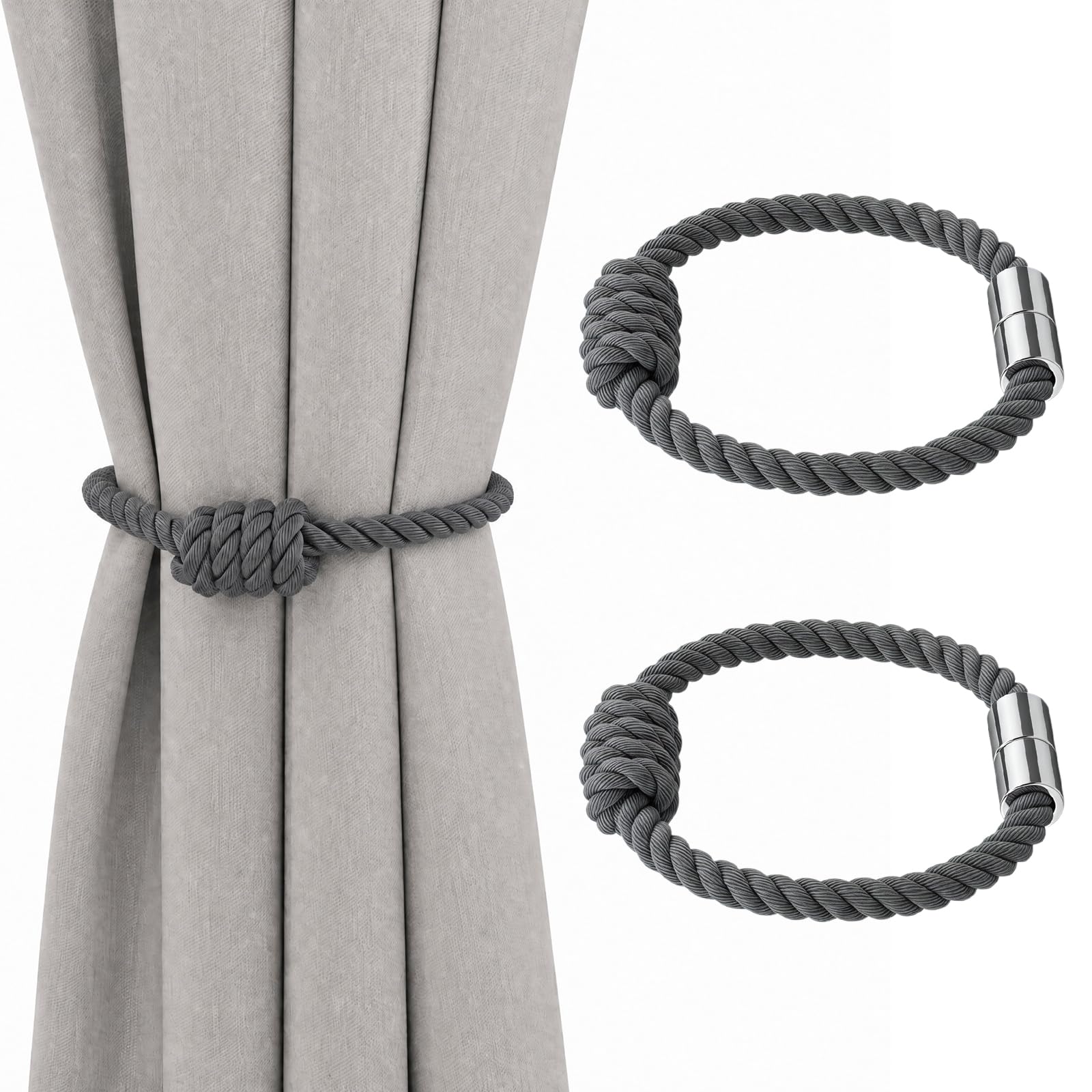 Magnetic Curtain Tie Backs 2 Pack, Boho Curtain Curtain Fixings No Drilling Needed, Hand Woven Cotton Rope Tie Backs for Curtains, Decorative Drapery Holders for Home Office Window Decoration (Grey)