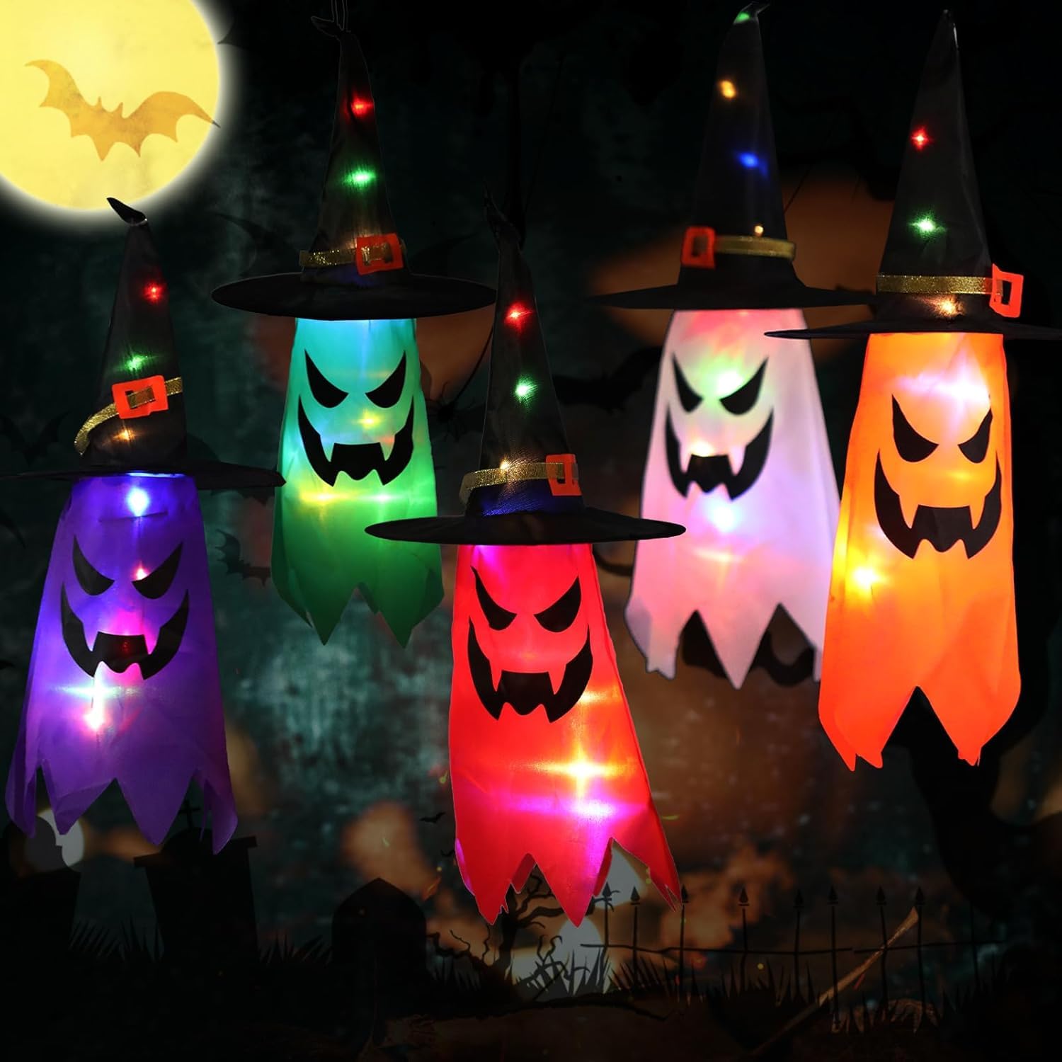 Halloween Decorations outdoor, Halloween Hanging Light Witch Hats Ghost Decor,String Lights Suitable for Indoor Outside Yard Tree Garden Porch Waterproof Halloween Decorations outdoor（5Pcs）