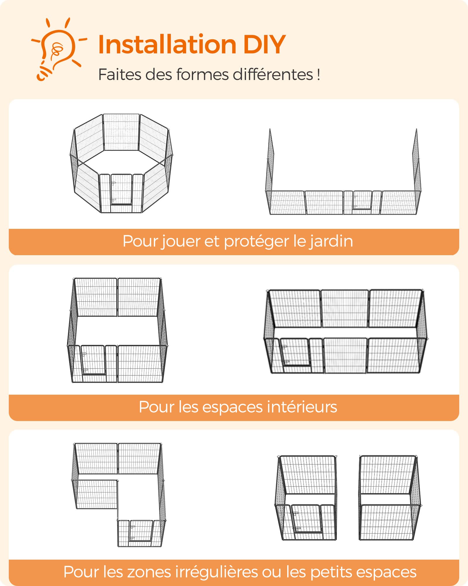 Feandrea Parc pour Chien, Enclos pour Chiot, Clôture, Chenil, Cage, 8 Panneaux, Double Verrou en L, Chaque Panneau 77 x 100 cm, Intérieur, Extérieur, Jardin, Chien, Lapin, Poule, Noir PPK81H