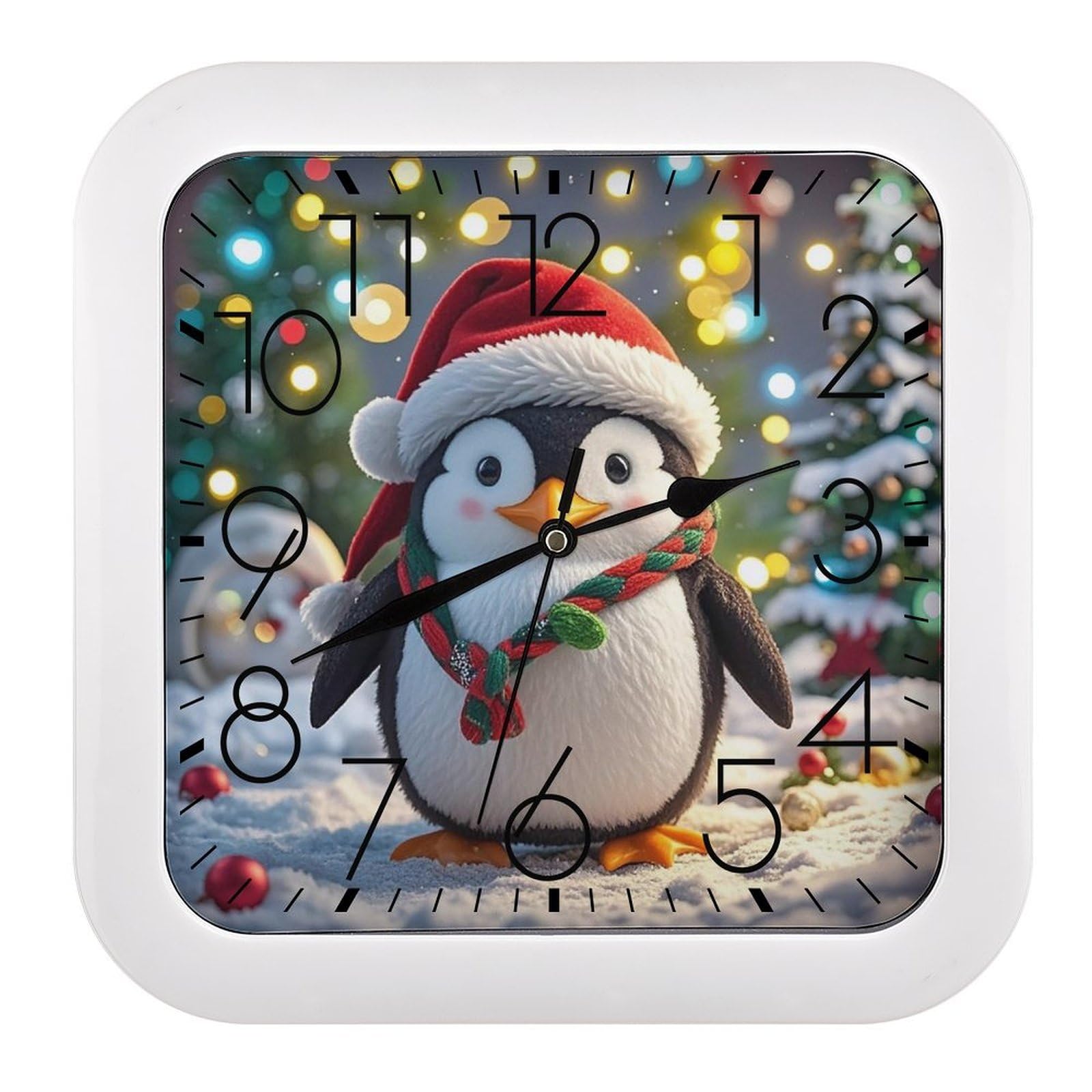FekiLoot Christmas Funny Penguin Wall Clock Battery Operated Square Decorative Wall Clocks Silent Non Ticking Analog Clock Modern Retro Vintage Wall Clocks for Kitchen Living Room Office 10.2 Inch