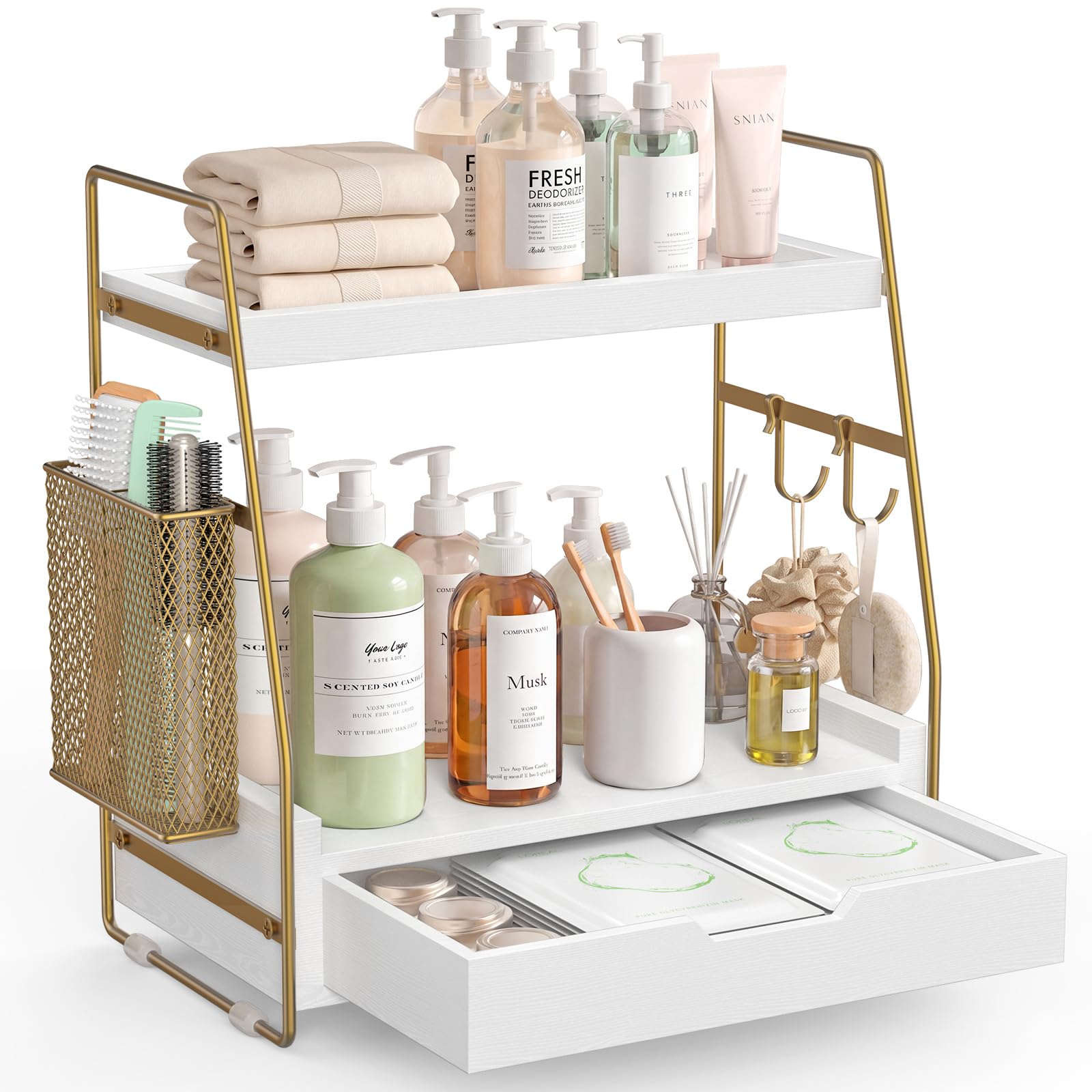 ROPALINS 2-Tier Bathroom Counter Organizer with Drawer and Removable Basket