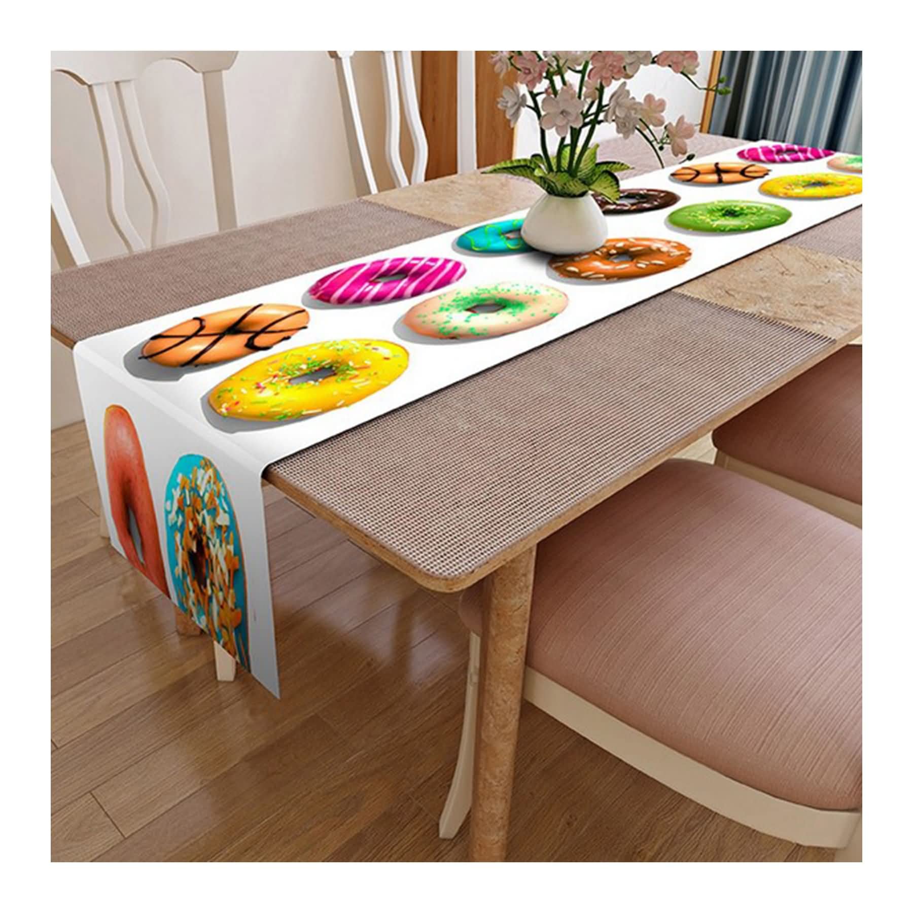 Chemin de table en polyester resistant et lavable decoration donut multicolore