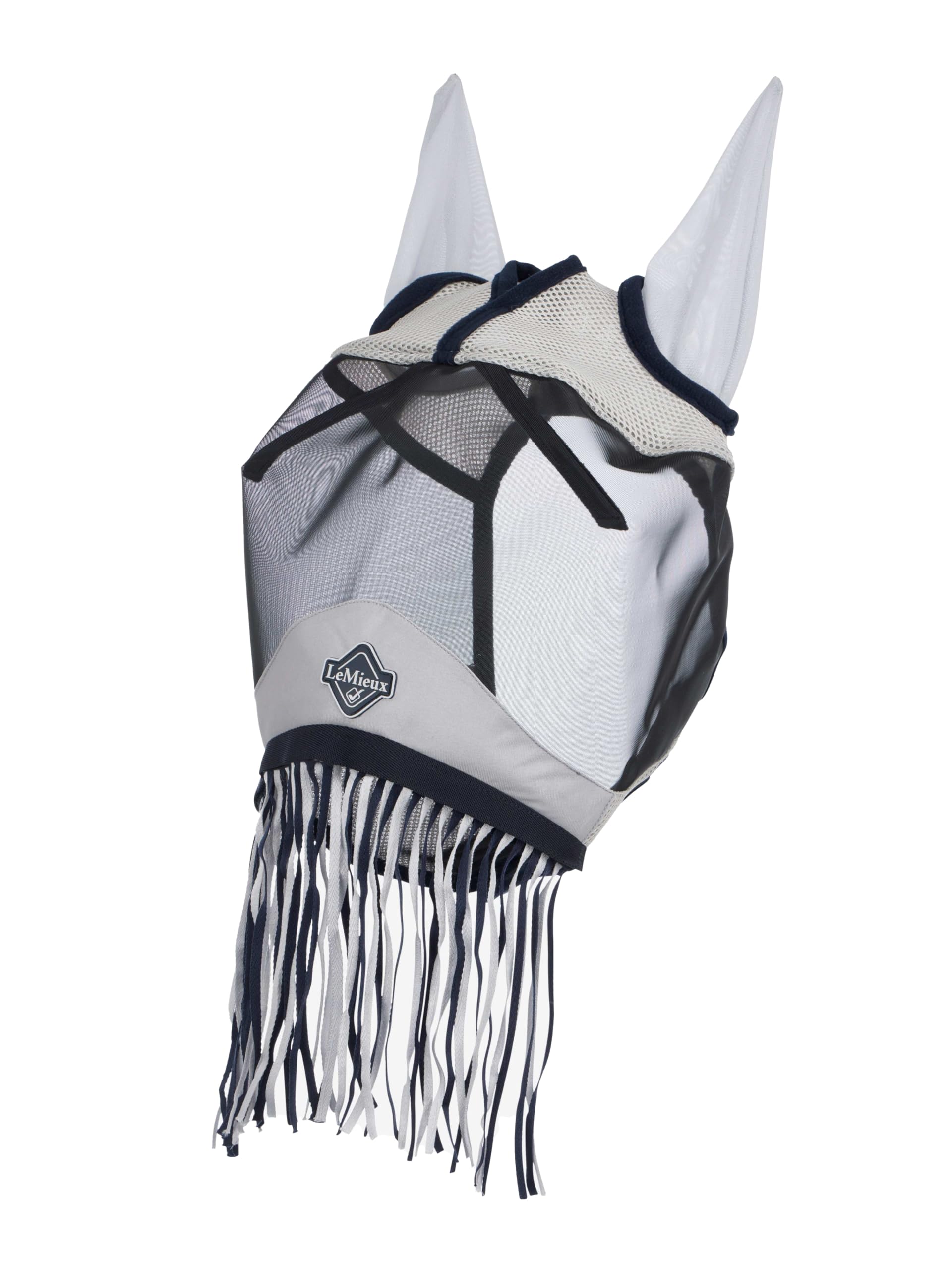 LeMieux Fringe Fly Mask - Micro-Mesh Ears - Black Mesh - Forelock Slit - Navy - XSmall