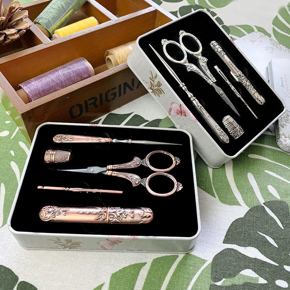 Juego de Tijeras de Costura Vintage con Estuche de Almacenamiento de Agujas de Metal, 5 Piezas, Kit de Bordado y Herramienta de Artesanía para Costureras, Artesanos y Diseñadores