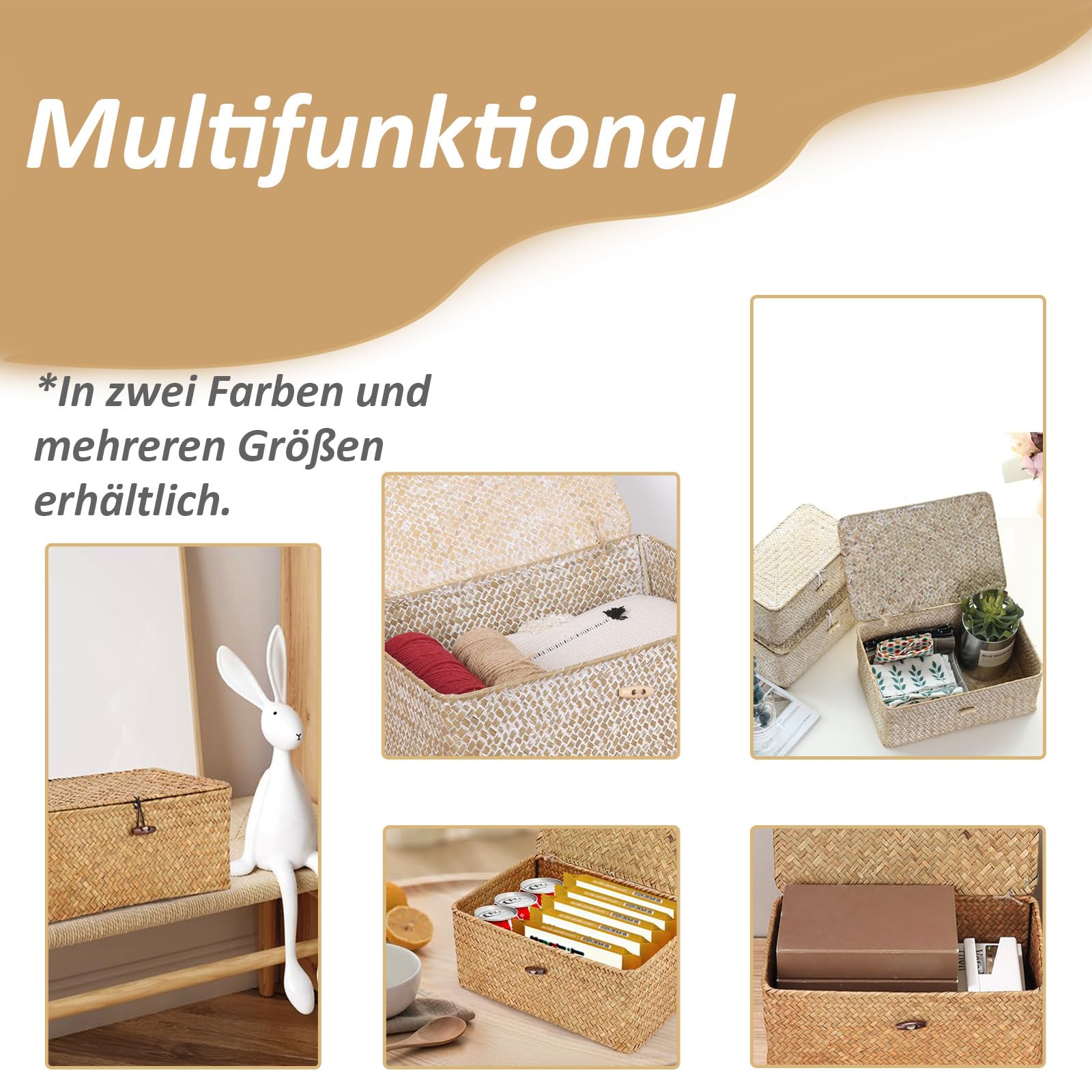 Cesto Portaoggetti in Rattan Intrecciato, Cestino Portaoggetti Rettangolare Intrecciato Fatto a Mano con Coperchio, Organizer per Trucchi Multifunzionale, per Cosmetici e Abbigliamento (M, Bianco)