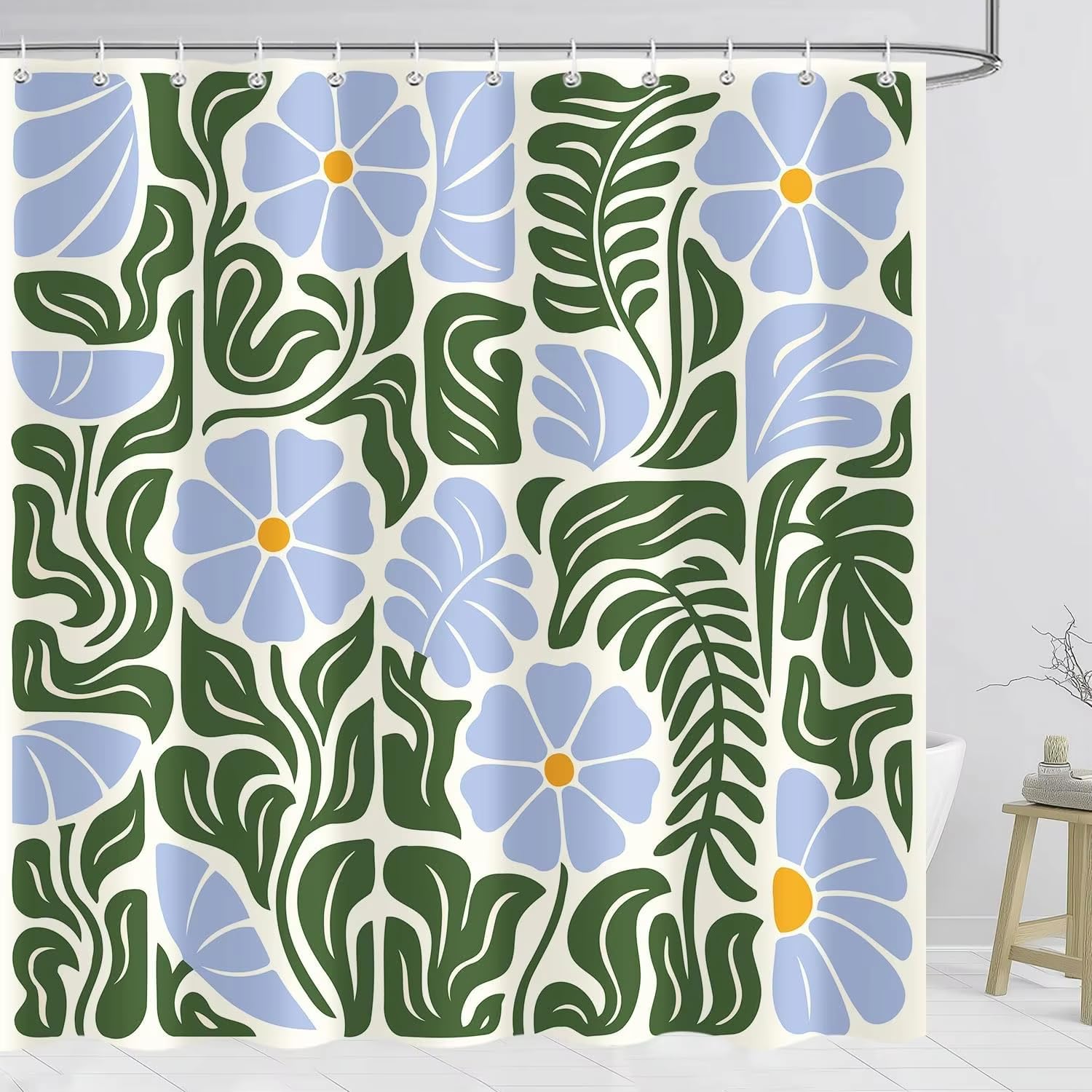 Abstrakter Vintage-Duschvorhang mit Blumenmuster, blau, Boho-Retro-Badezimmerdeko in Blau und Grün, niedlich, Mid-Century Modern, flippig 300x200cm/118x79in(Breite x Höhe)