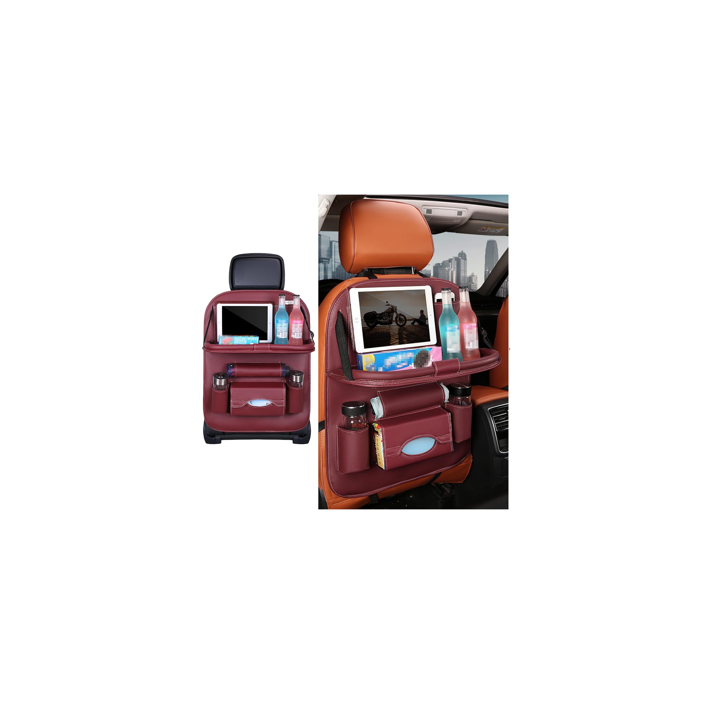 Car Seat Back Organizer, Leather Vehicle Seatback Storage Pocket with Foldable Table Tray, Multifunctional Automotive Backseat Protectors Kick Mats Accessories, Universal Fit (Wine Red)