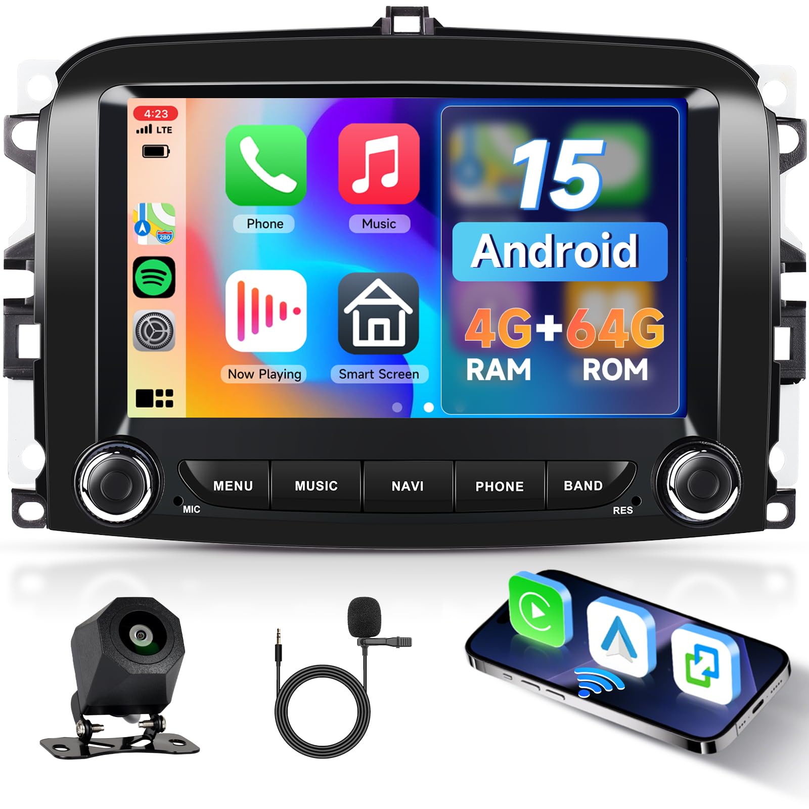 Hodozzy 4G+64G Android Autoradio per Fiat 500L 2013-2019 Radio Carplay Android Auto Wireless, 2 Din Schermo 9 Pollici Touch Screen Stereo GPS Navigatore WiFi Bluetooth DSP FM RDS Canbus Retromarcia