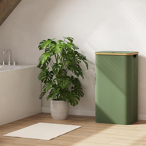 Miniatura 18 de Lifewit Cesta grande de 100 litros con tapa para ropa con asas de bambú y bolsa extraíble, plegable para dormitorio, baño, residencia universitaria