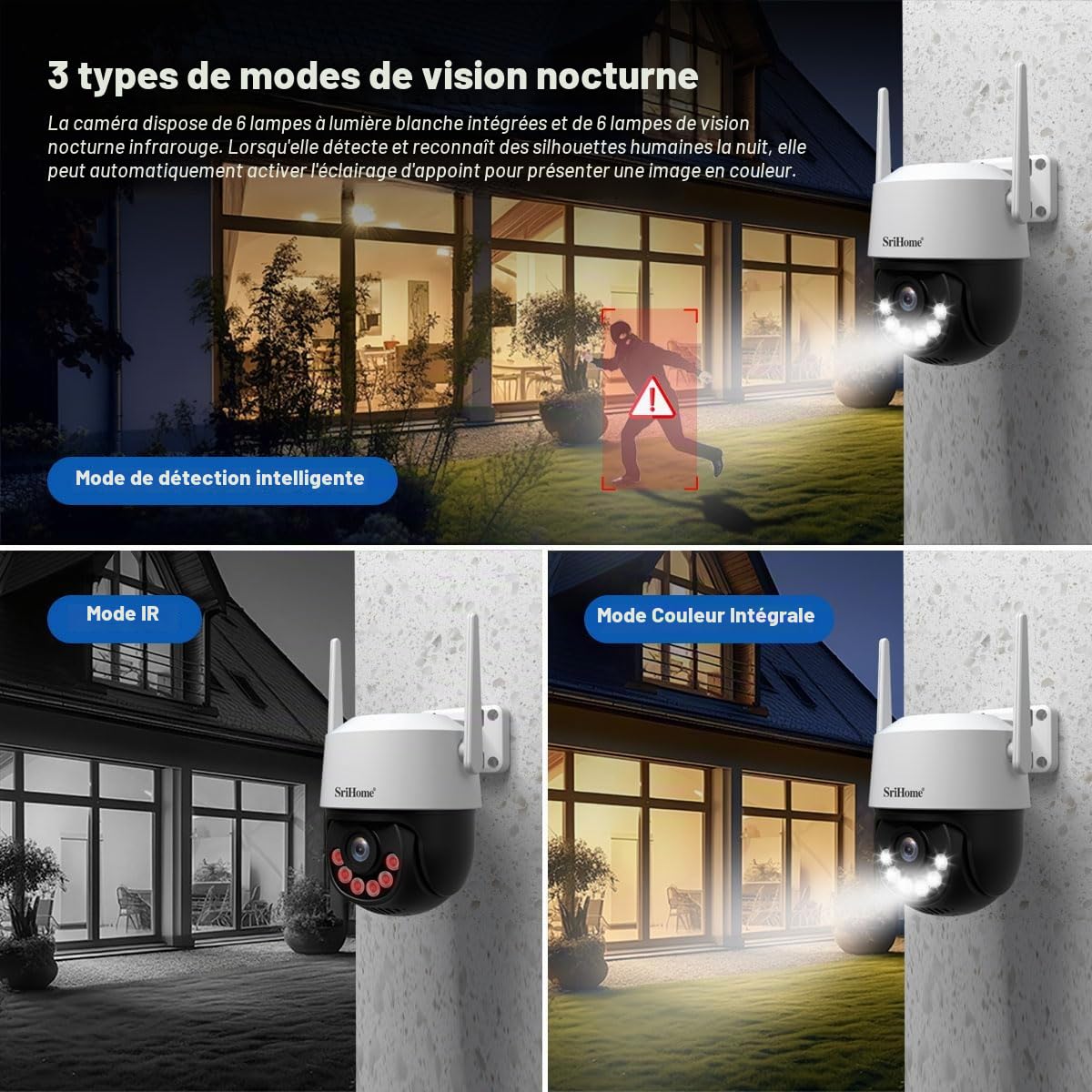 SRIHOME 8MP 2.4/5GHz PTZ caméra de Surveillance WiFi extérieure 3X électronique Zoom Suivi Automatique détection Humaine Audio Vision Nocturne bidirectionnelle