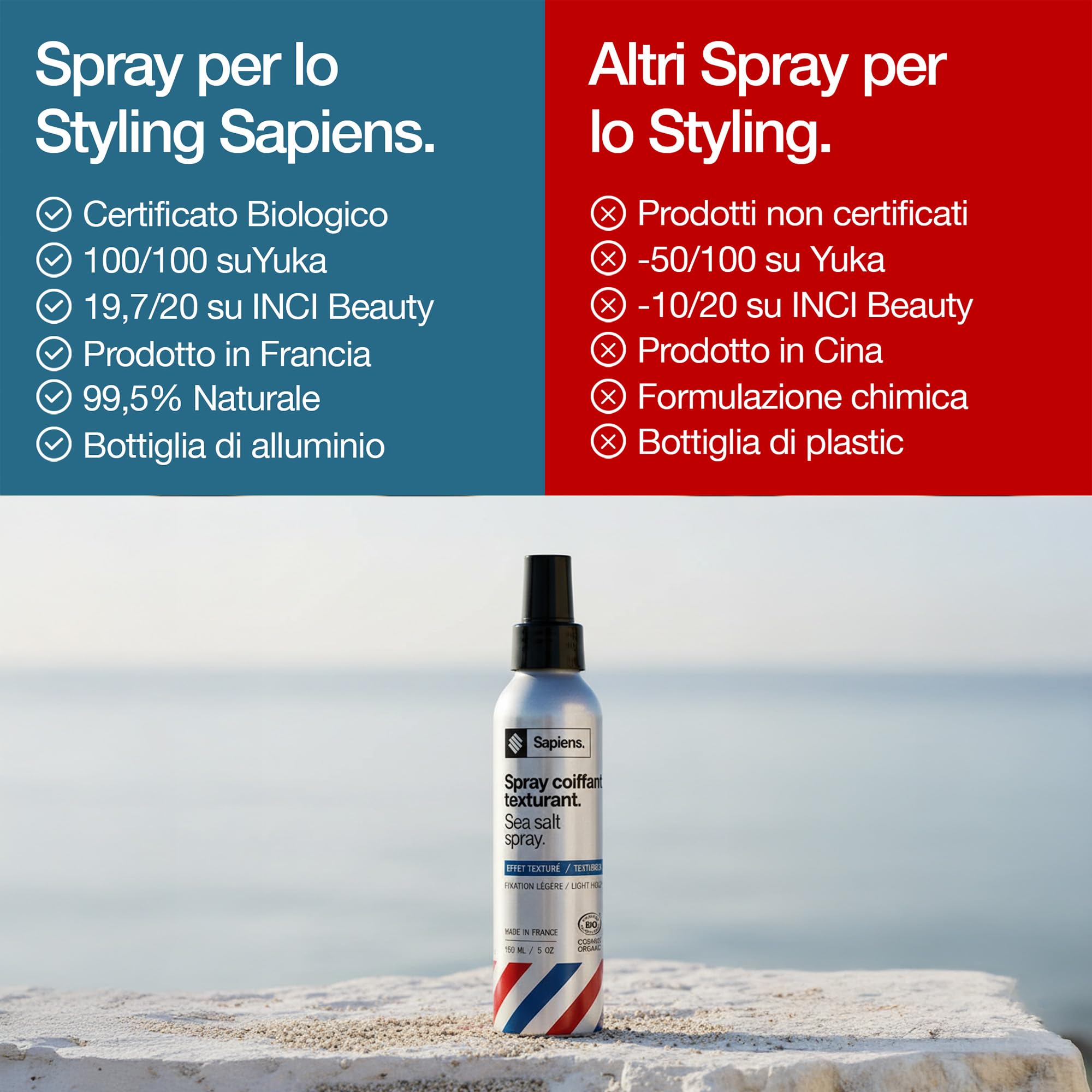 Sapiens Spray al Sale Marino per Capelli 150ml | Testurizzante e Volumizzante - Certificato BIO - Arricchito con Cheratina - Profumo Marino - Prodotto in Francia