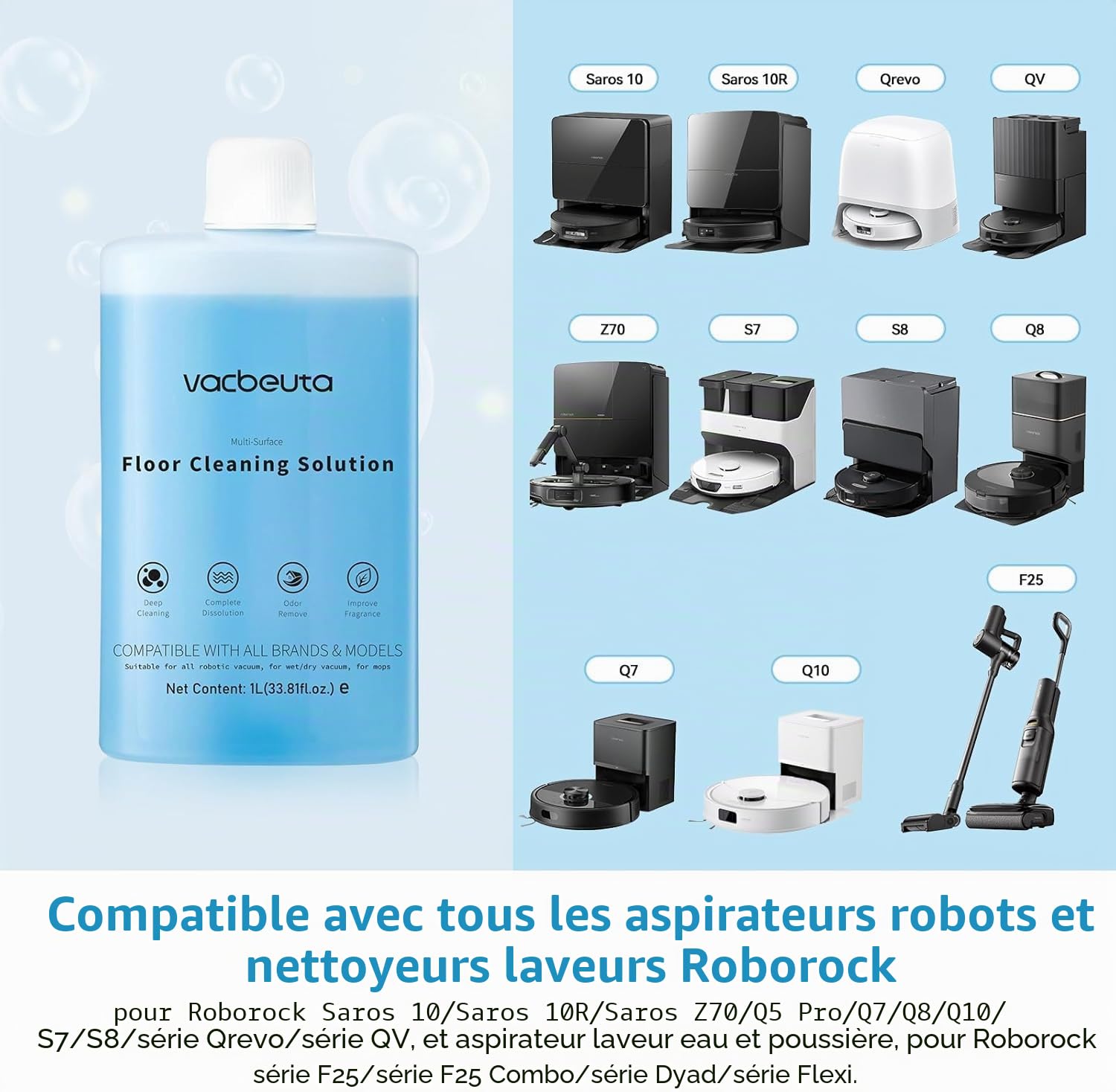 Concentré Febotak pour nettoyeurs de sols Roborock authentiques, aspirateurs robots et aspirateurs eau et poussière sans fil, 1 litre, dilué.