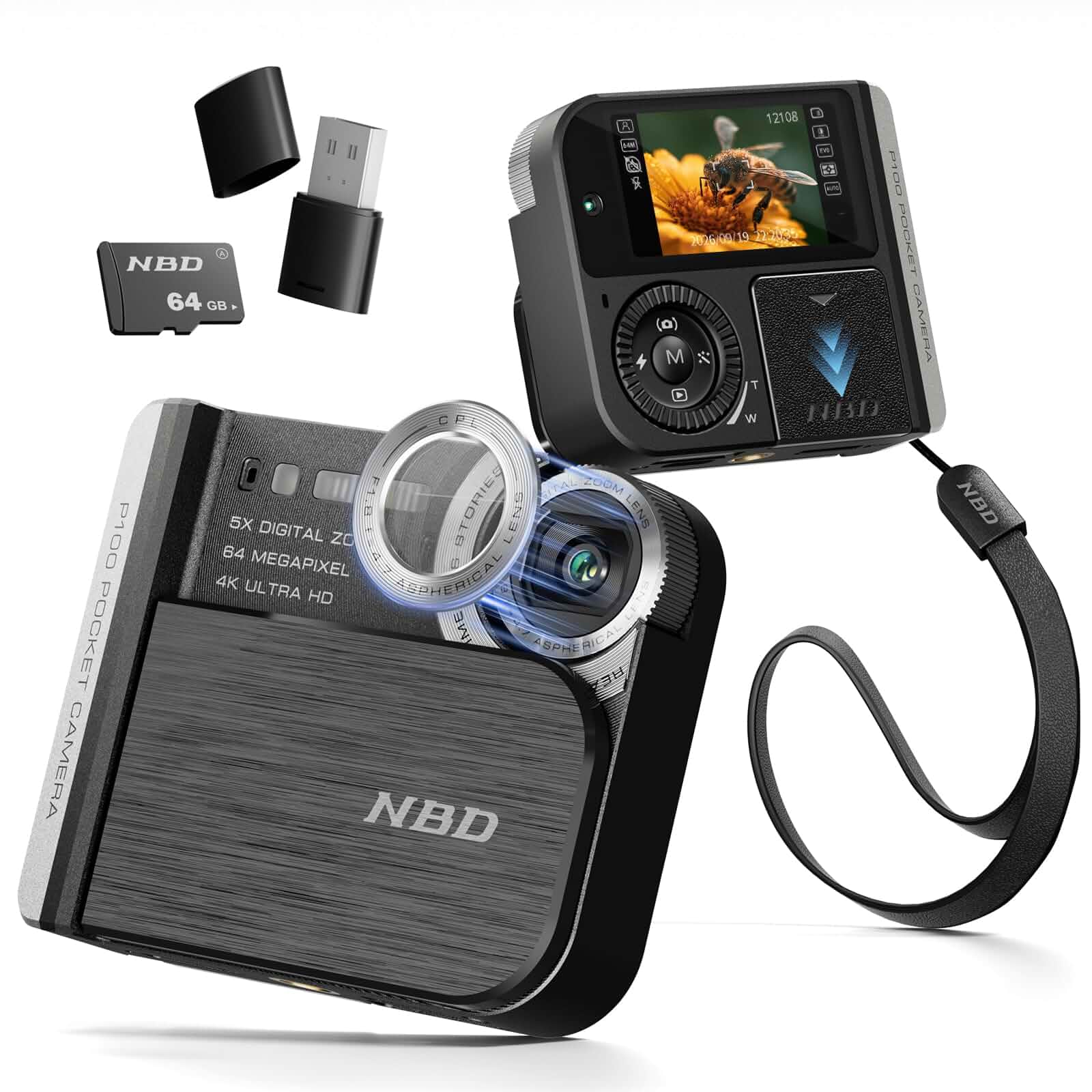 4K 64MP Pocket Digital Camera for Photography,Dual‑Screen Auto Focus,Black 5X Digital Zoom,21 Filters,CPL Filter Compatible,64GB TF Card, Swipe‑to‑Power‑On,USB Charging, Outdoor Portable Camera