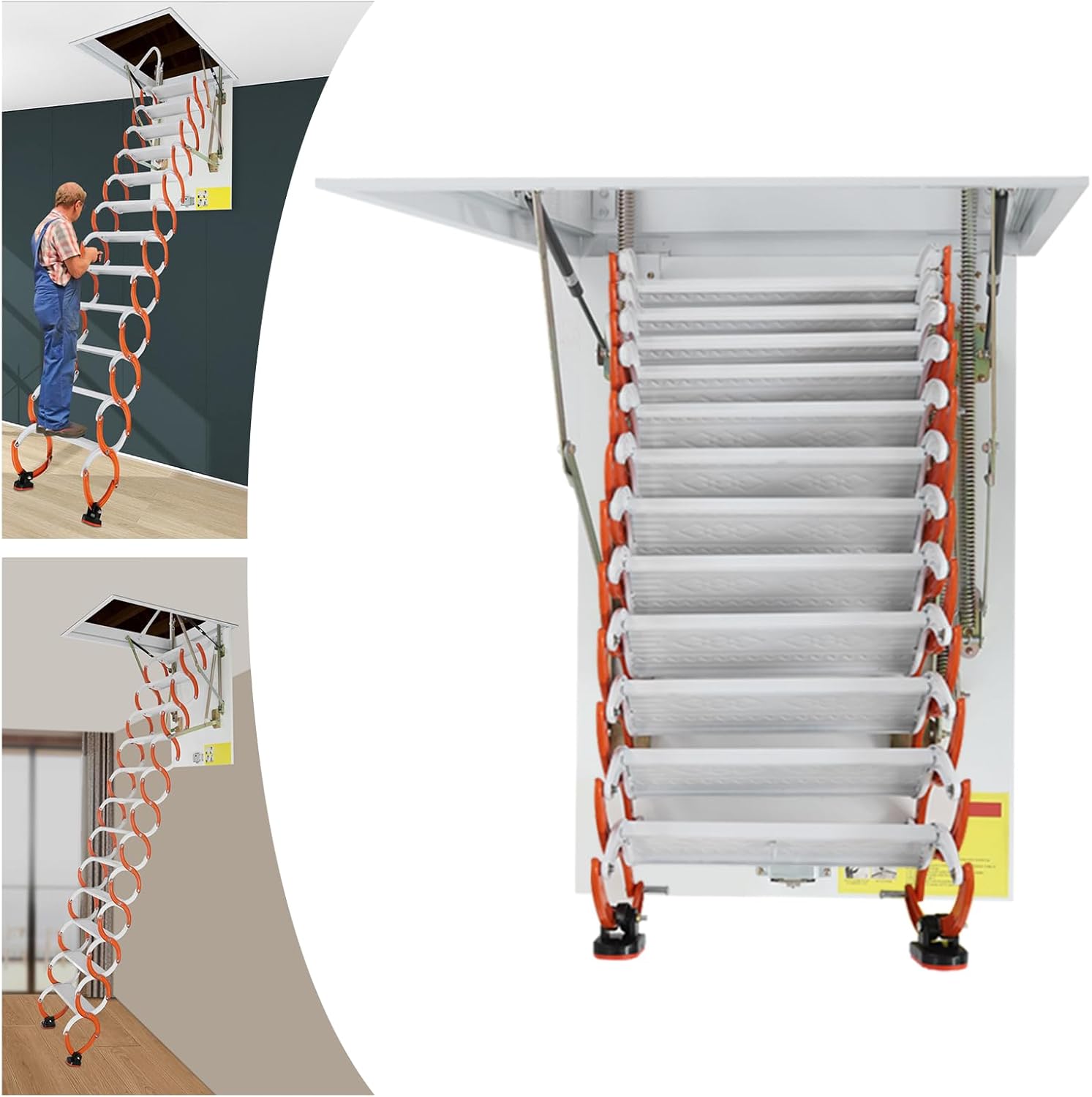 12 Steps Attic Ladder, Pull Down Attic Stairs Wall-Mounted Folding Stairs Attic Ladder Pull Down System 10.17FT Retractable Loft Ladders with Pull Rod 660LBS Capacity (Orange+White)
