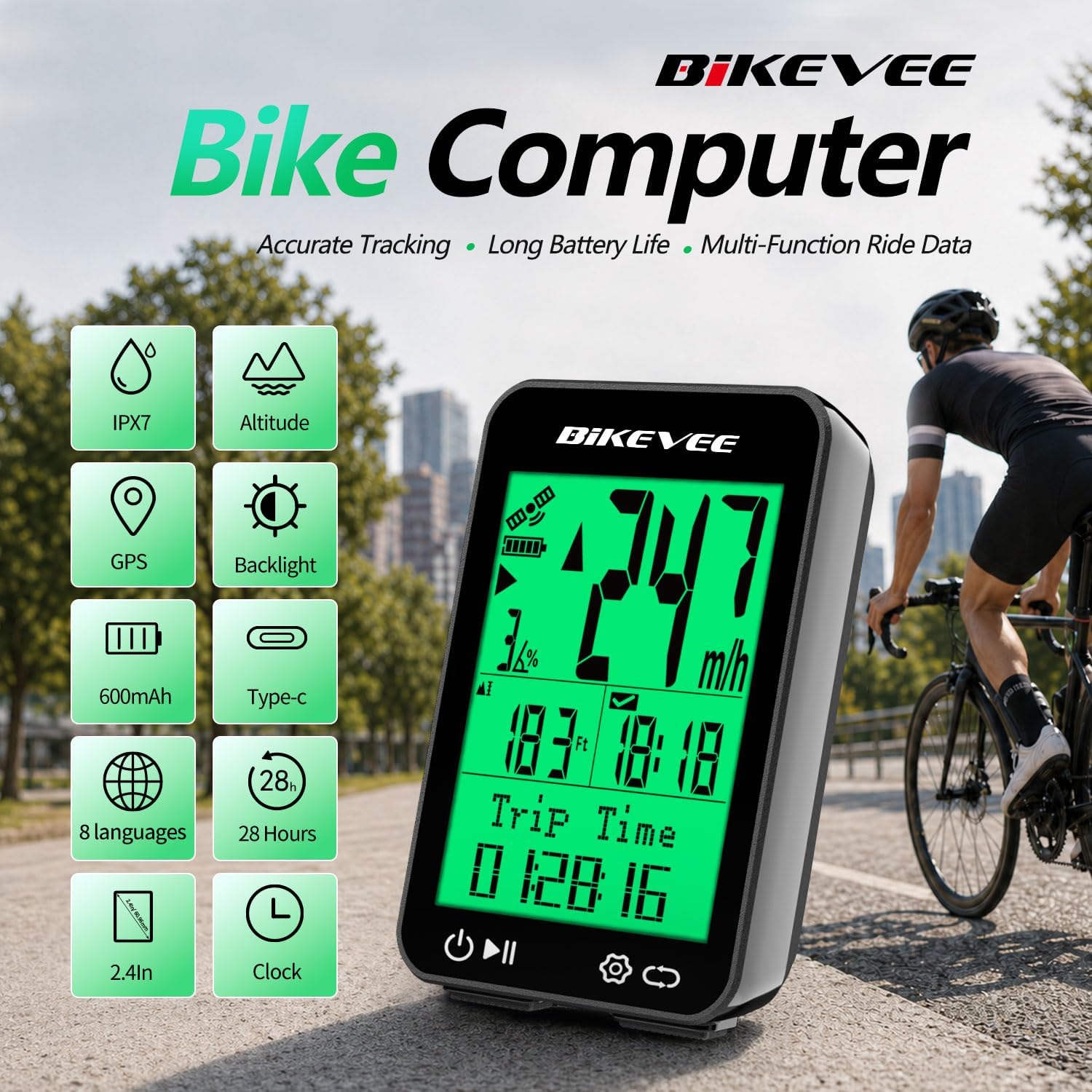Wireless GPS Bike Computer, 8 Languages | 2.4" Screen, IPX7