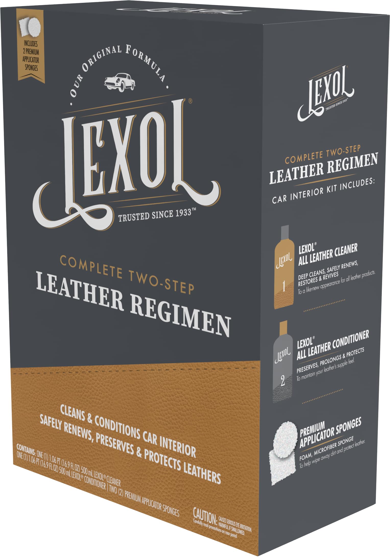 Lexol Pflegespülungs-Set, Verwendung auf Auto, Leder, Möbel, Schuhe, Taschen und Zubehör, schnelles und einfaches Schritt-Regime, 237 ml Flaschen, inkl. zwei Applikationsschwämmen.