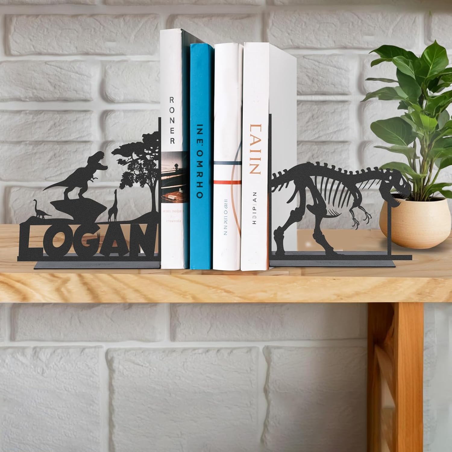 Personalized Name Book Ends Metal, Heavy Duty Bookends for Shelves Decorative, Dinosaur Non-Slip Book Stopper, Home Office Desk Modern Bookshelf Decor, Gifts for Readers Color02