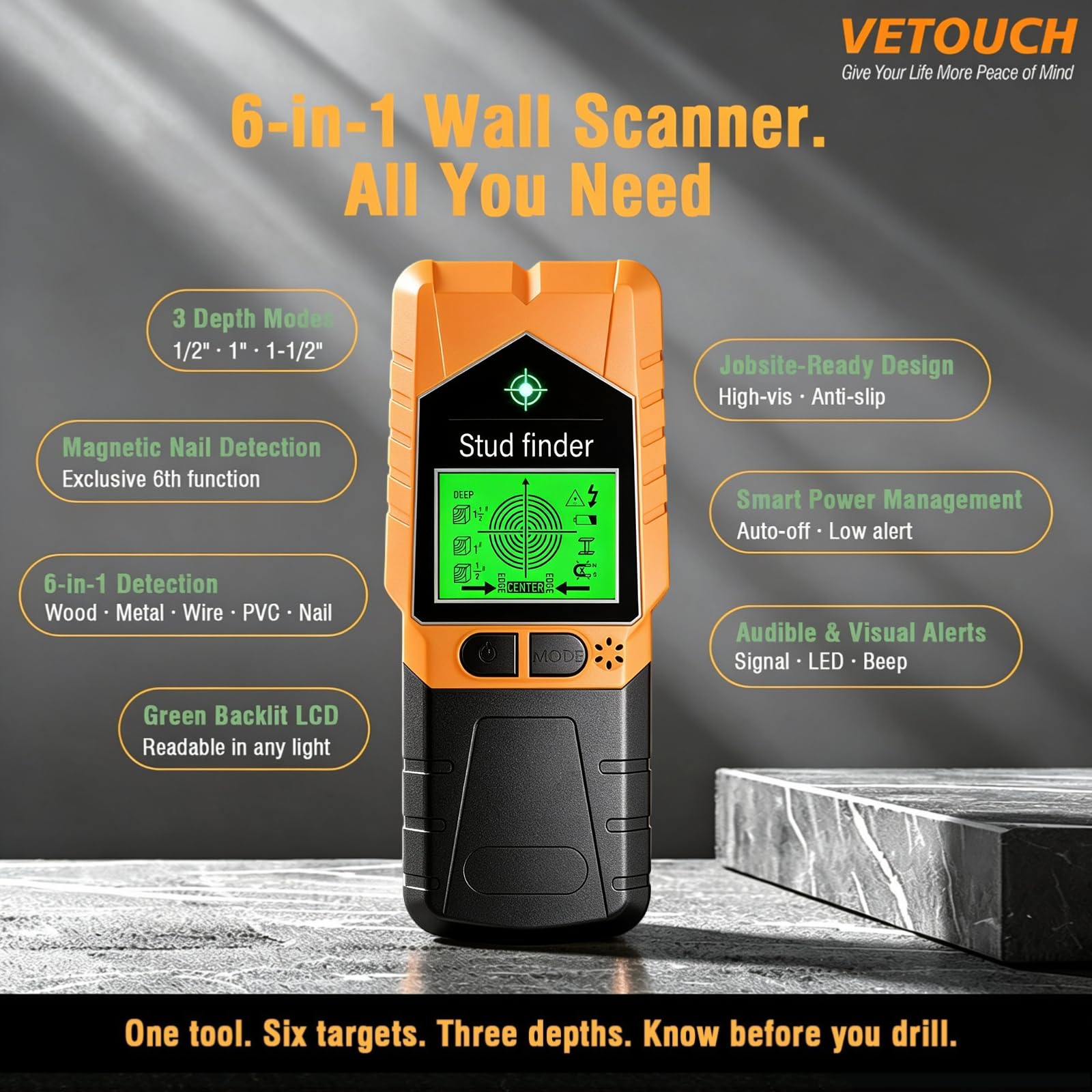 VETOUCH 6-in-1 Stud Finder - Detects Studs, Wires & More -2