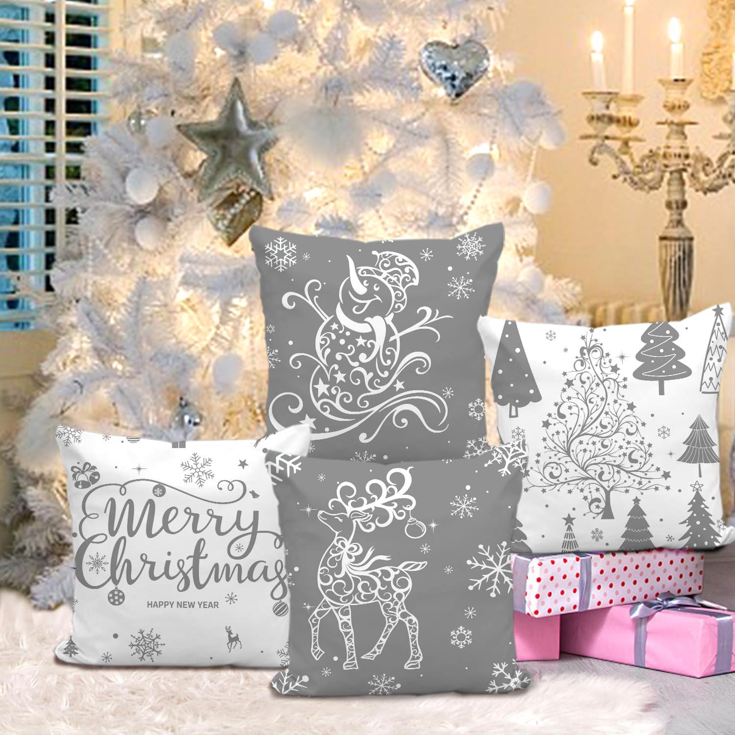 Miaikoe Christmas Cushion Covers 45x45 Set of 4 Decorative Holiday Farmhouse Pillow Cases with Trees, Deer, Snowman - Image 3