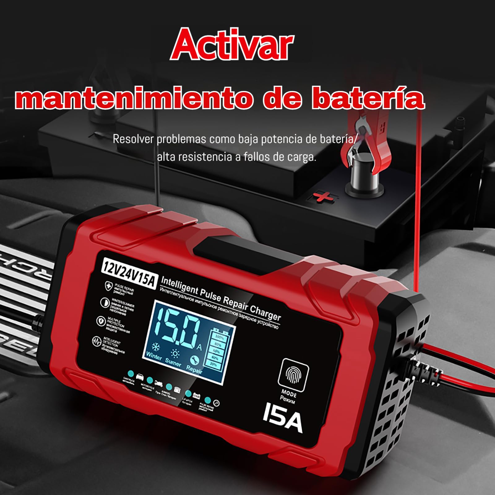 24V 15A Cargador Baterias Coche, 12V 8A Cargador de Bateria y Moto Inteligente Batería de Coche con LCD Cargadors de batería para Auto Moto Camión AGM Gel SLA — view 3