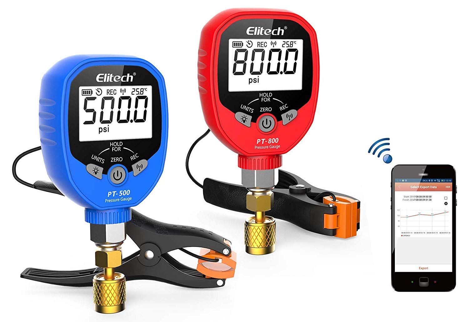 Elitech PT-500/800Pro kit de manómetros digitales inalámbricos, manómetros HVAC de 2 válvulas con 2 pinzas de temperatura para sobrecalentamiento y subenfriamiento automáticos, registro de datos
