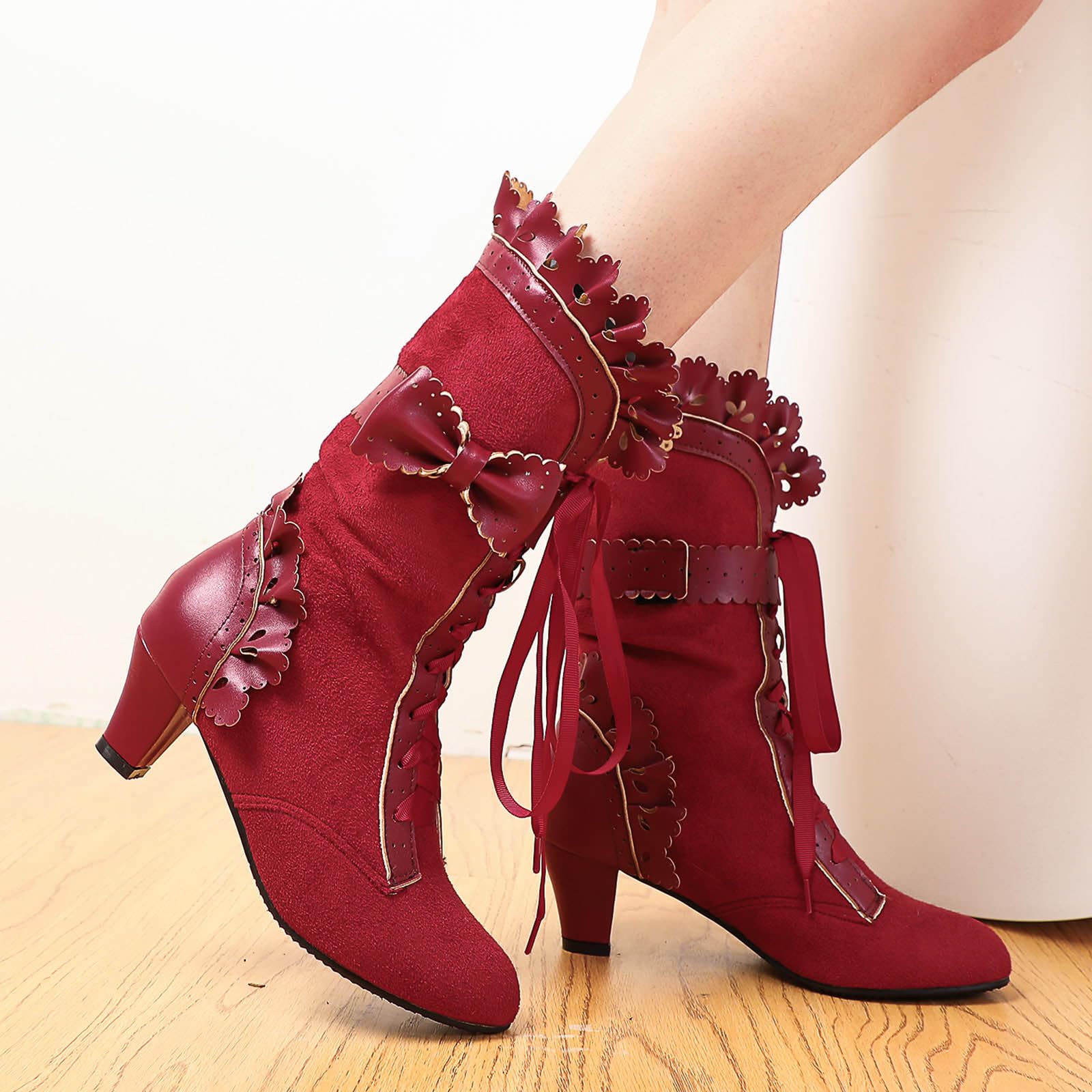 Botas de tacón medio para mujer Elegantes botas con cordones con lazo Punta redonda Botas de vaquero occidentales cómodas Botas de invierno Botas largas para mujer