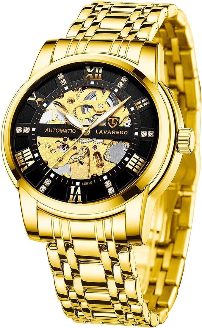 aswan watch Orologio Automatico Uomo Skeleton, Acciaio, Stile Romano | Design skeleton con quadrante in stile romano, cinturino in acciaio inossidabile decorato, diamanti e lancetta.