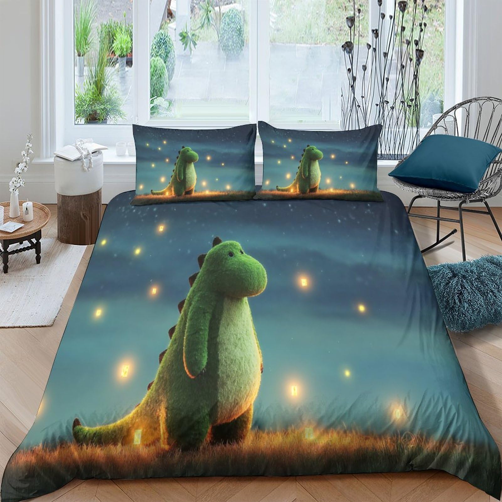 Ctjqhvkz Style-3 3D Printed Cute Dinosaur Fitted Sheet Microfiber Soft Breathable Fireflies Mattress Cover For Bedroom Dorm Decor Single（135X200cm）